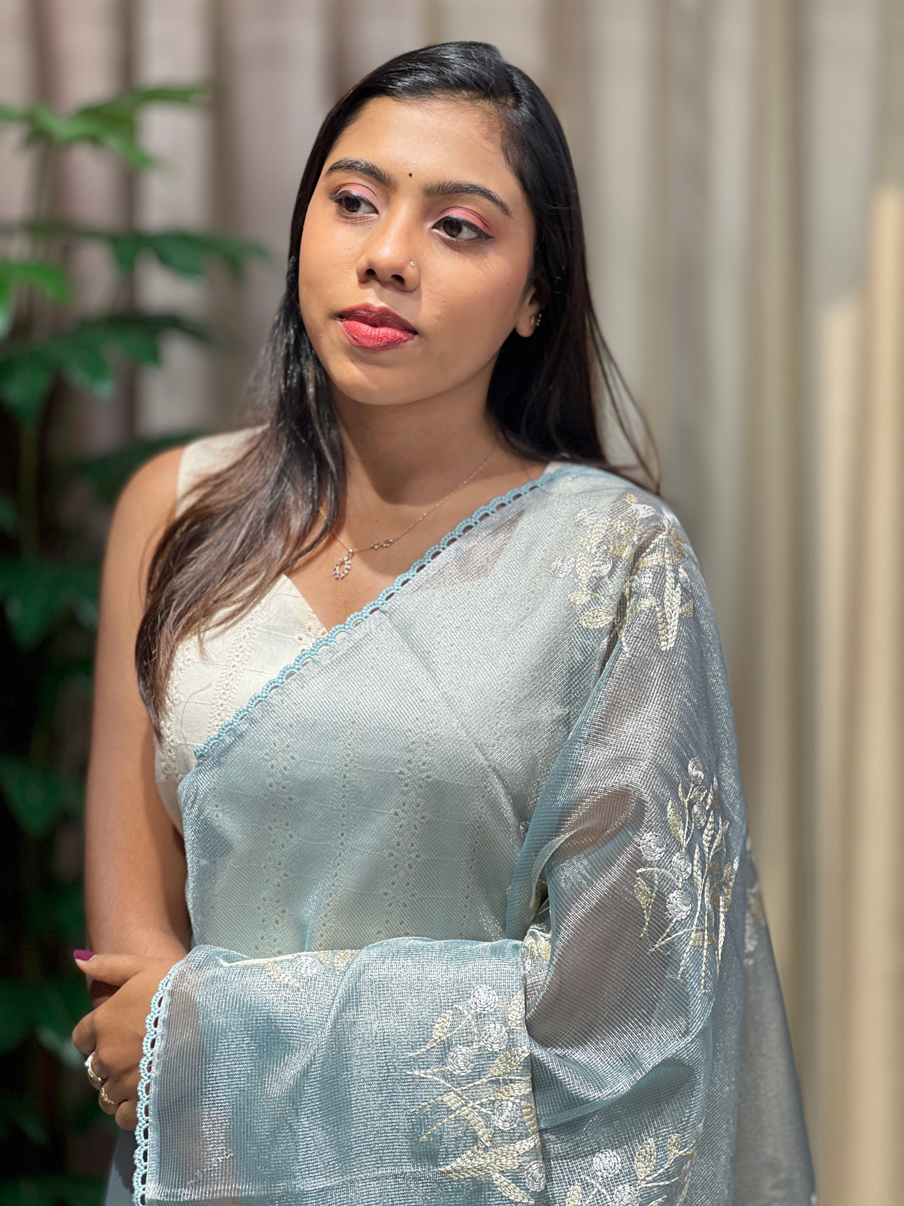 Floral Embroidery Detailed Tissue Saree | PKS148