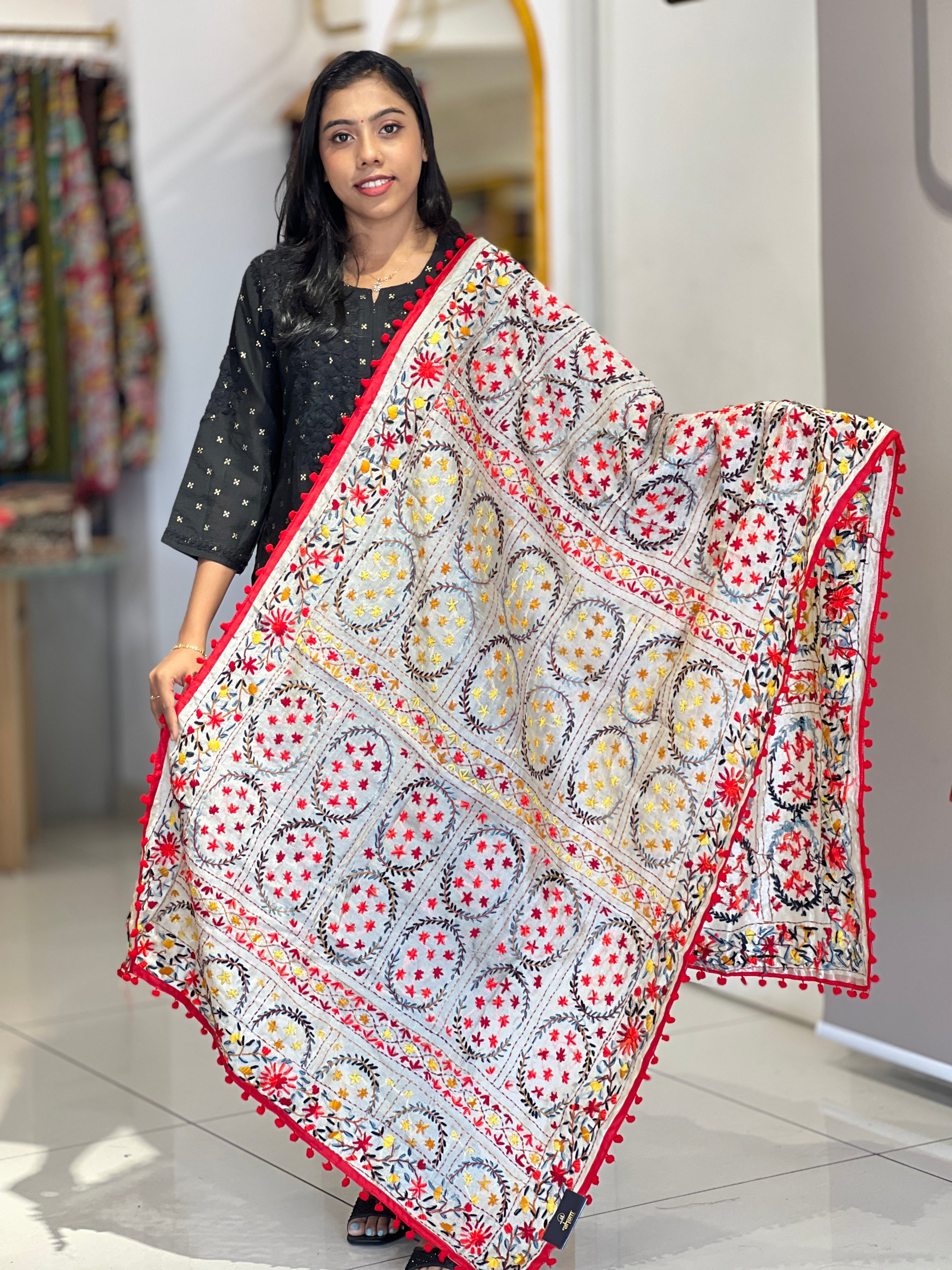 Traditional Thread Embroidery Detailed Chanderi Finish Dupatta | VET303