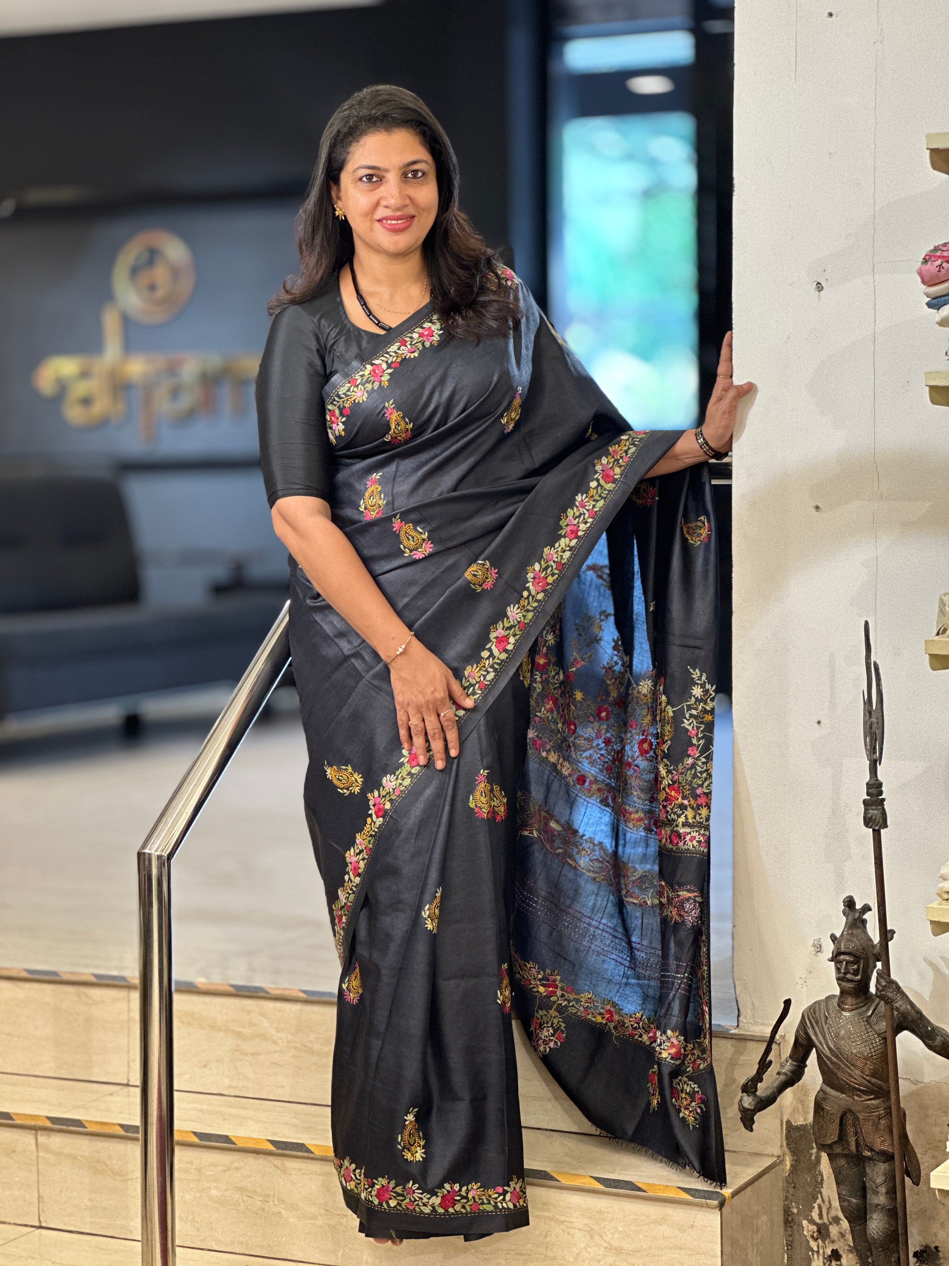 Traditional Floral Hand Embroidered Tussar Saree | AYD155