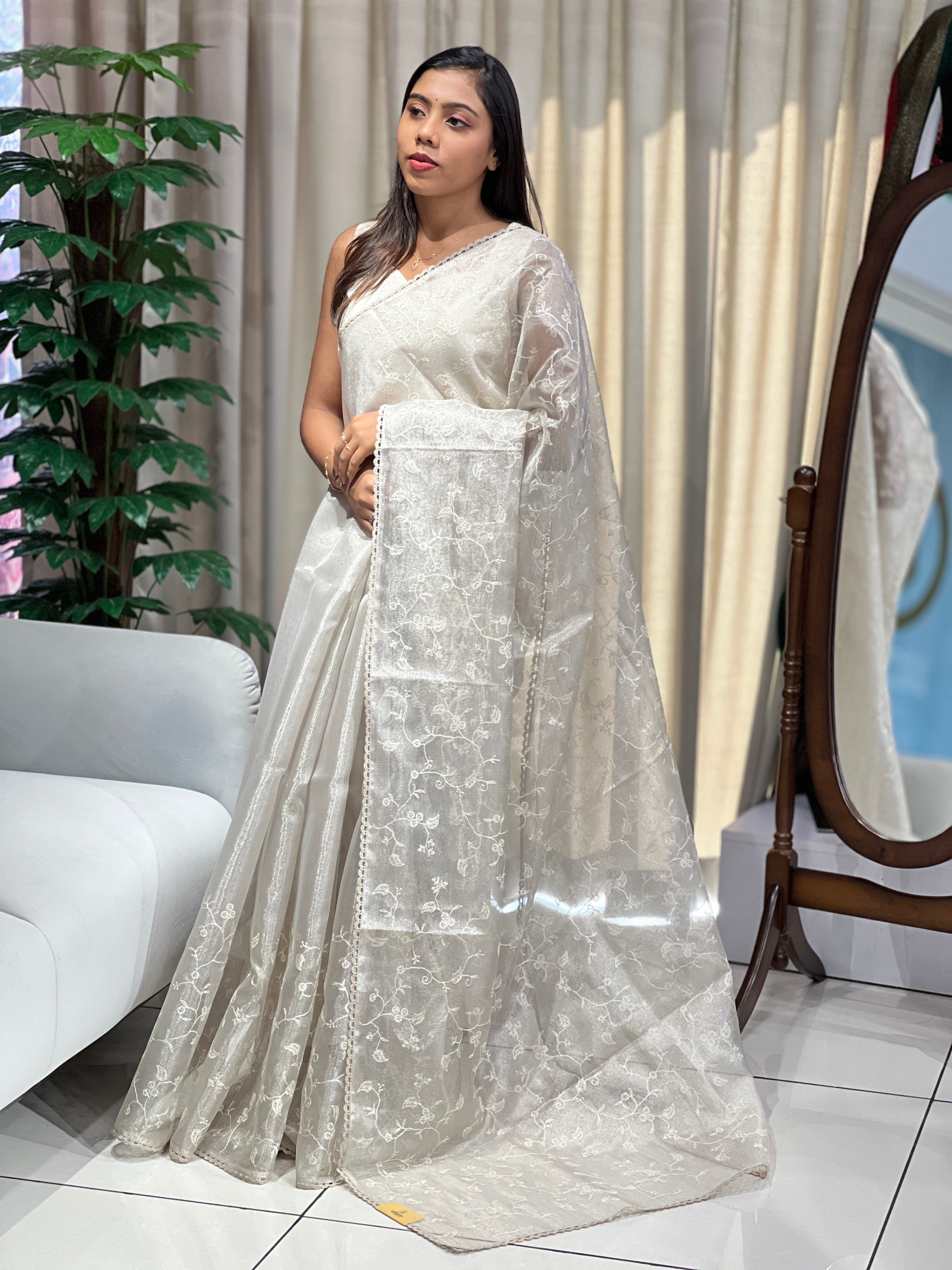 Floral Embroidery Detailed Tissue Saree | PKS157