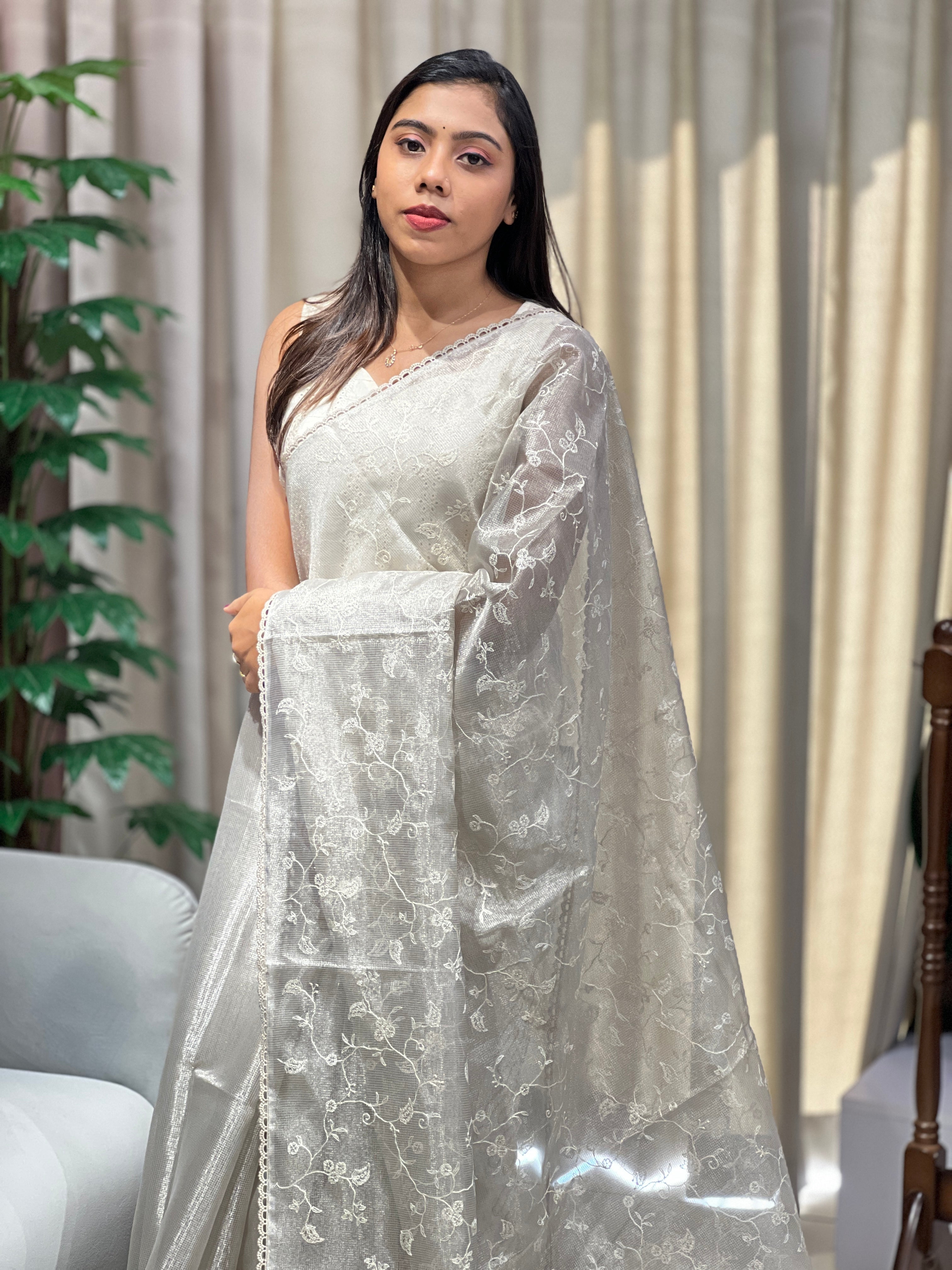 Floral Embroidery Detailed Tissue Saree | PKS157