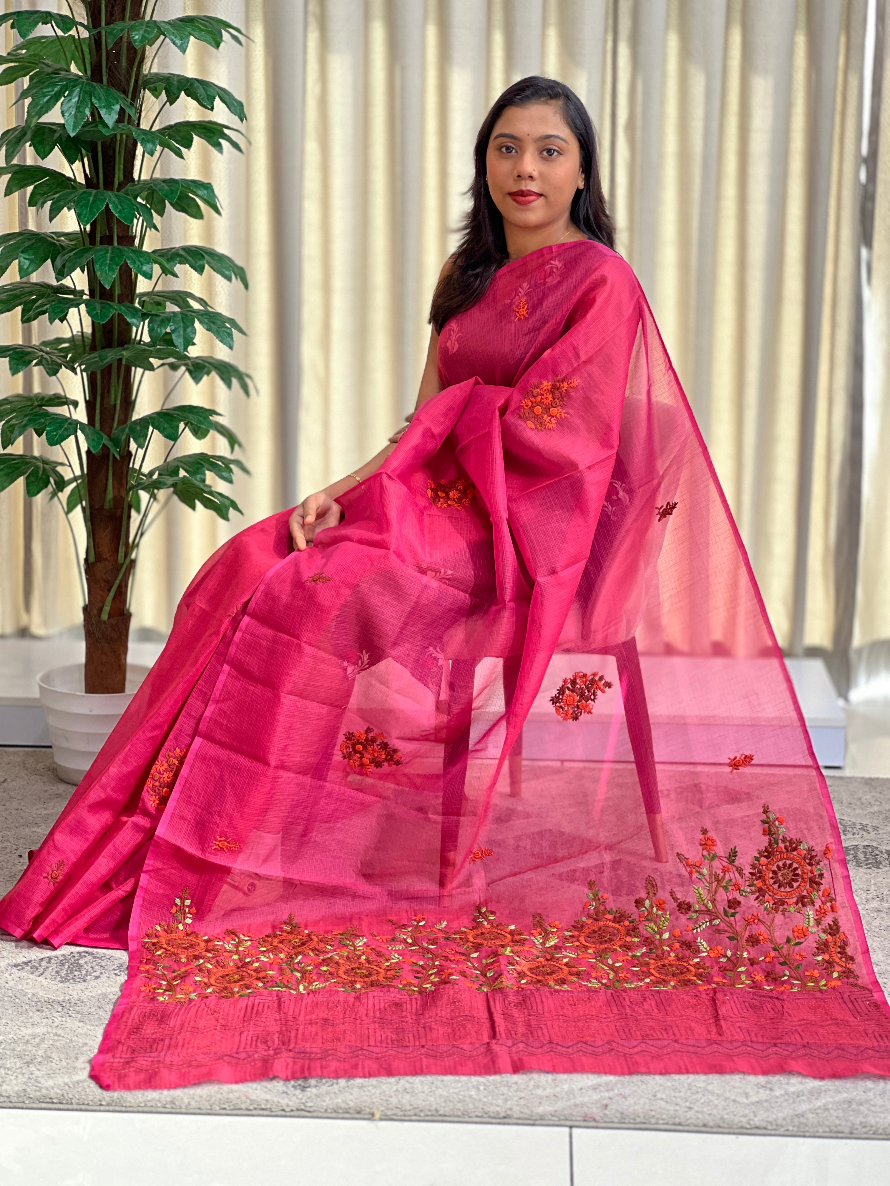Hand Embroidered Muga Check Organza Saree | JSC748