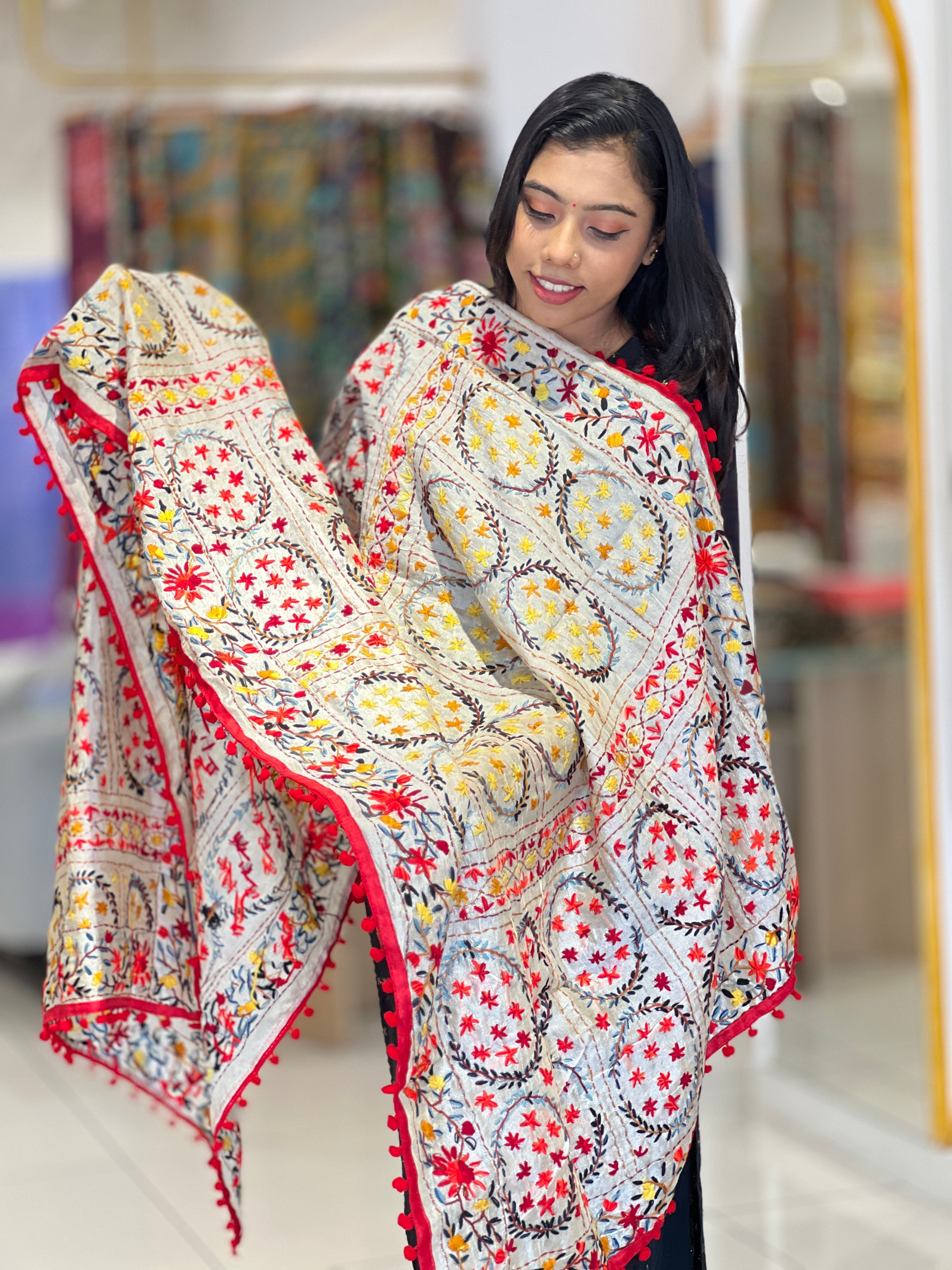 Traditional Thread Embroidery Detailed Chanderi Finish Dupatta | VET303