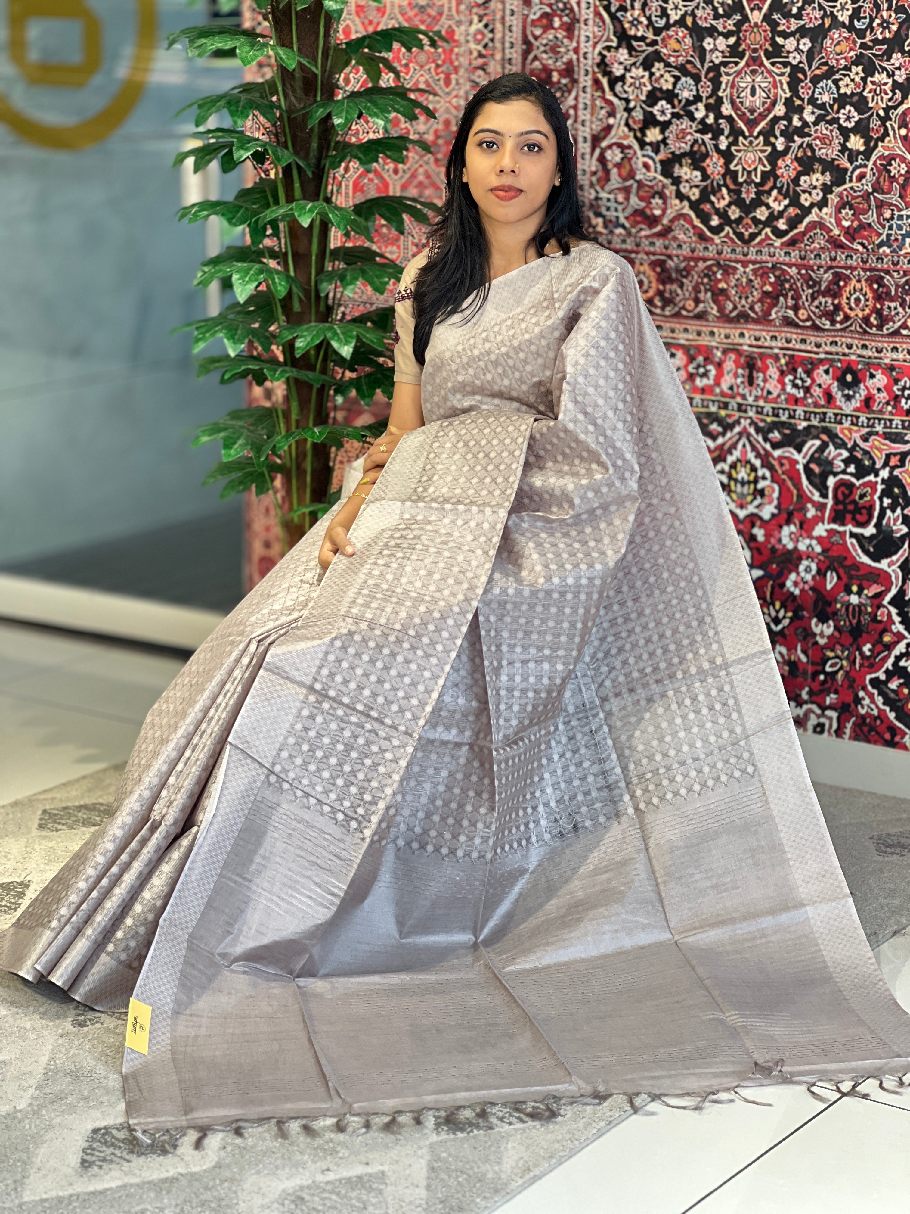 Geometric Pattern Thread Weaved Bamboo Tussar Saree | PNS177