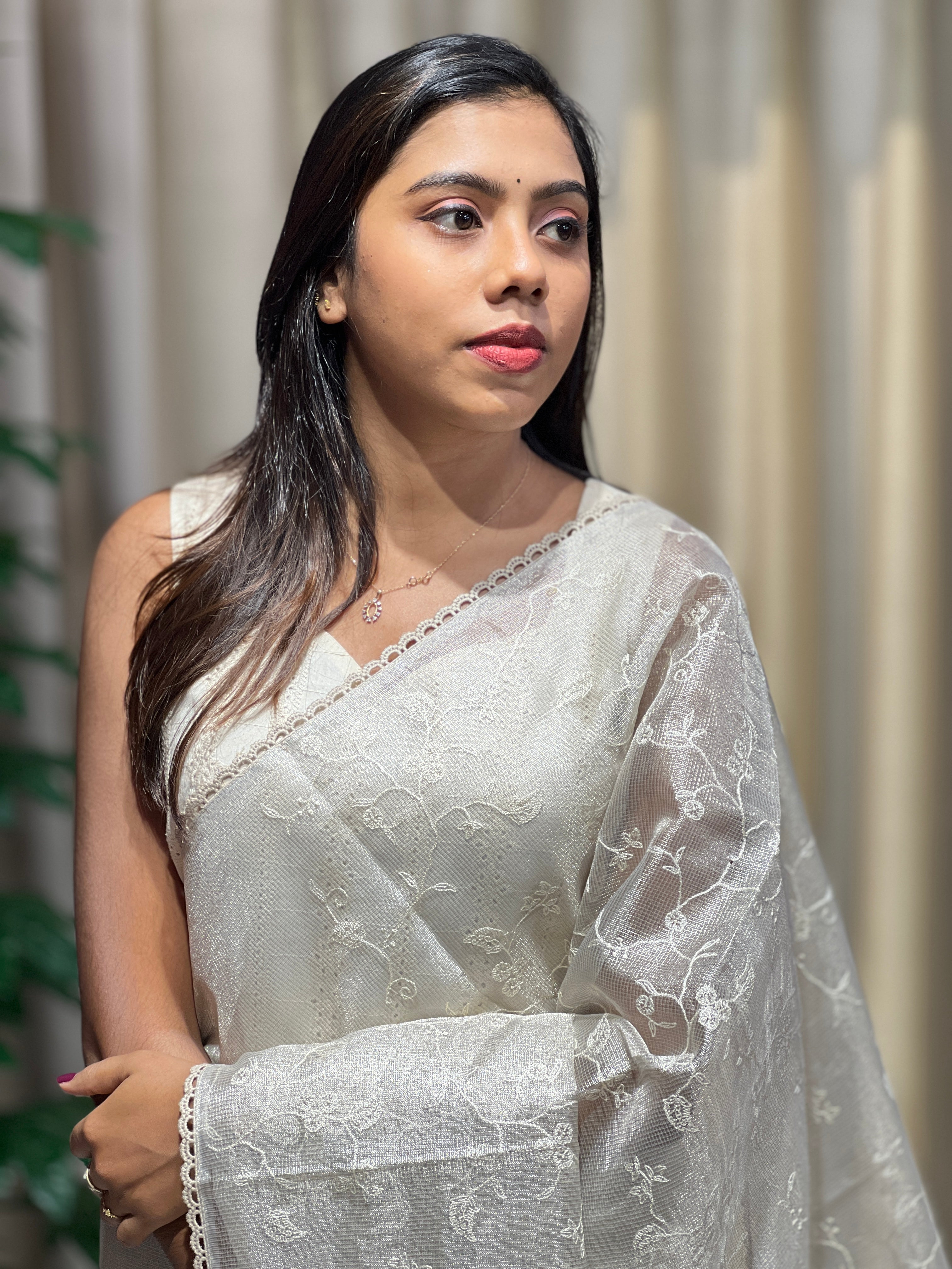 Floral Embroidery Detailed Tissue Saree | PKS157