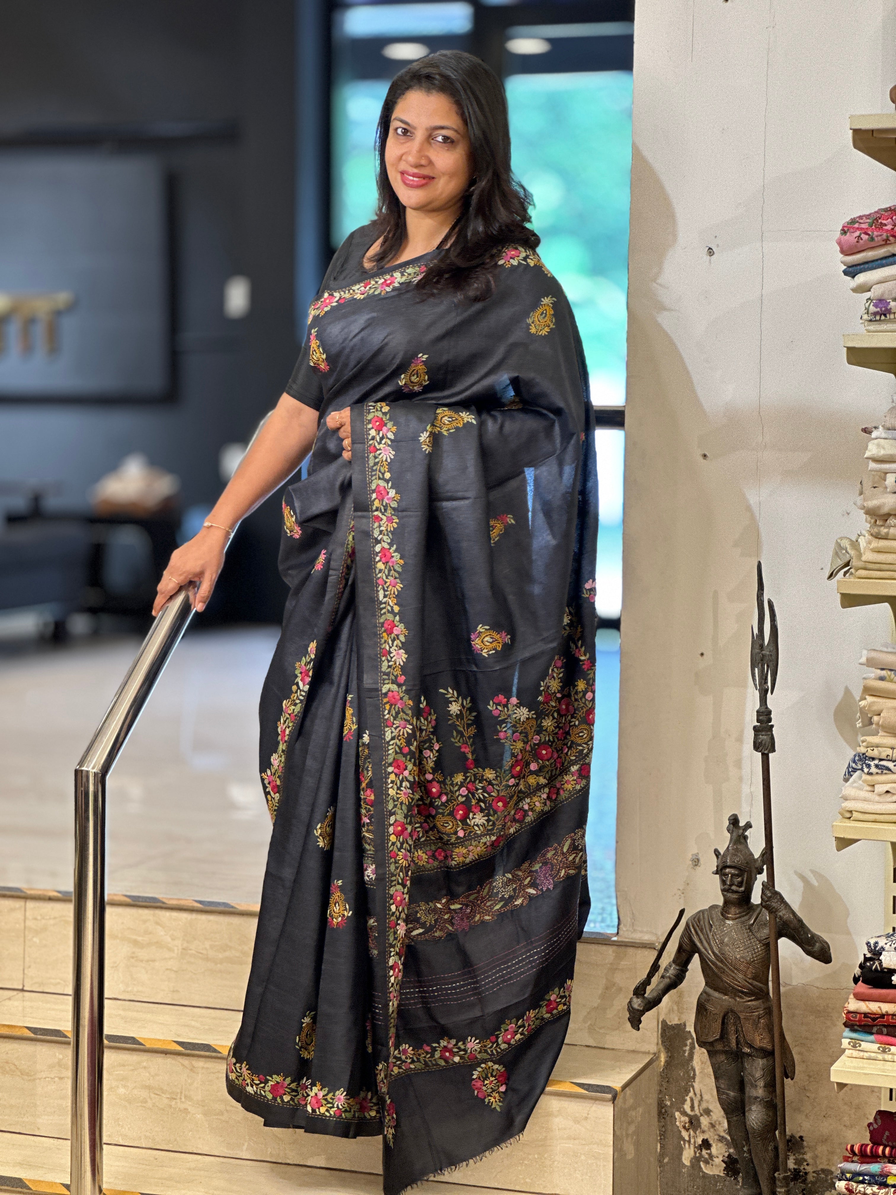 Traditional Floral Hand Embroidered Tussar Saree | AYD155