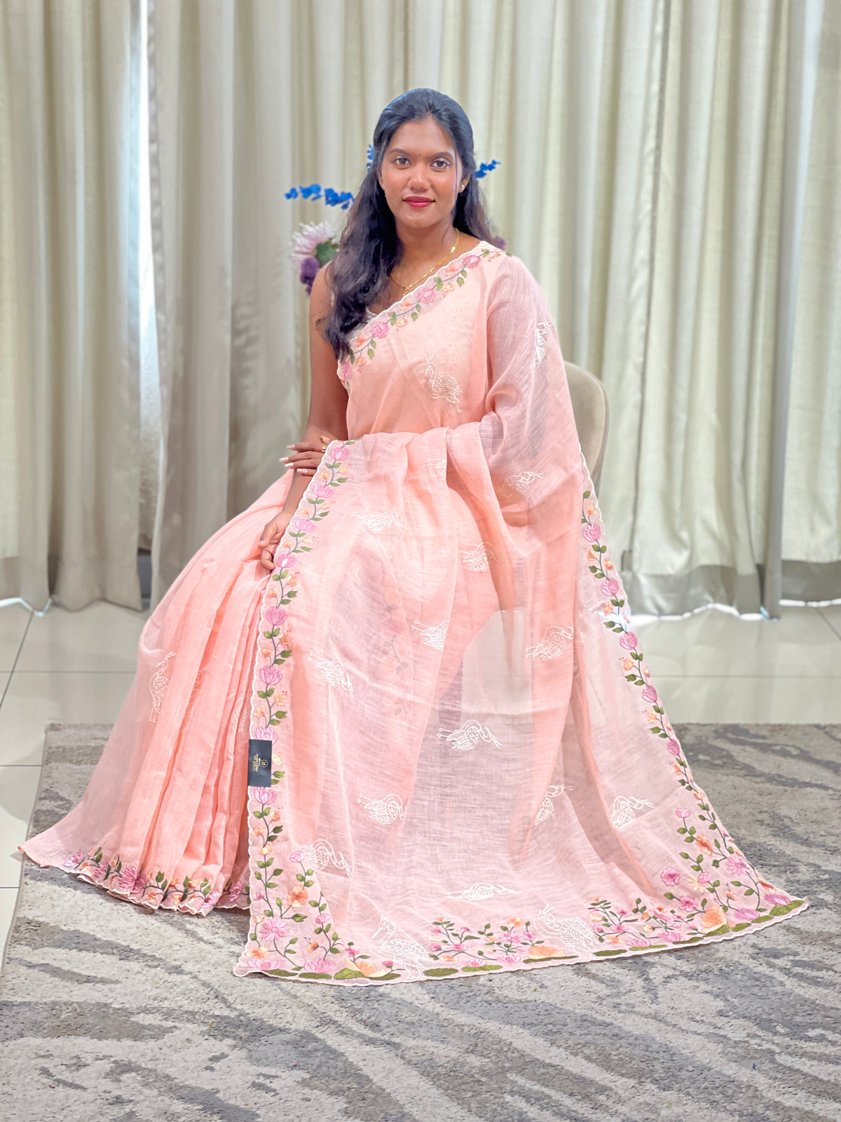Floral Embroidered Bhagalpuri Linen Saree | RP889