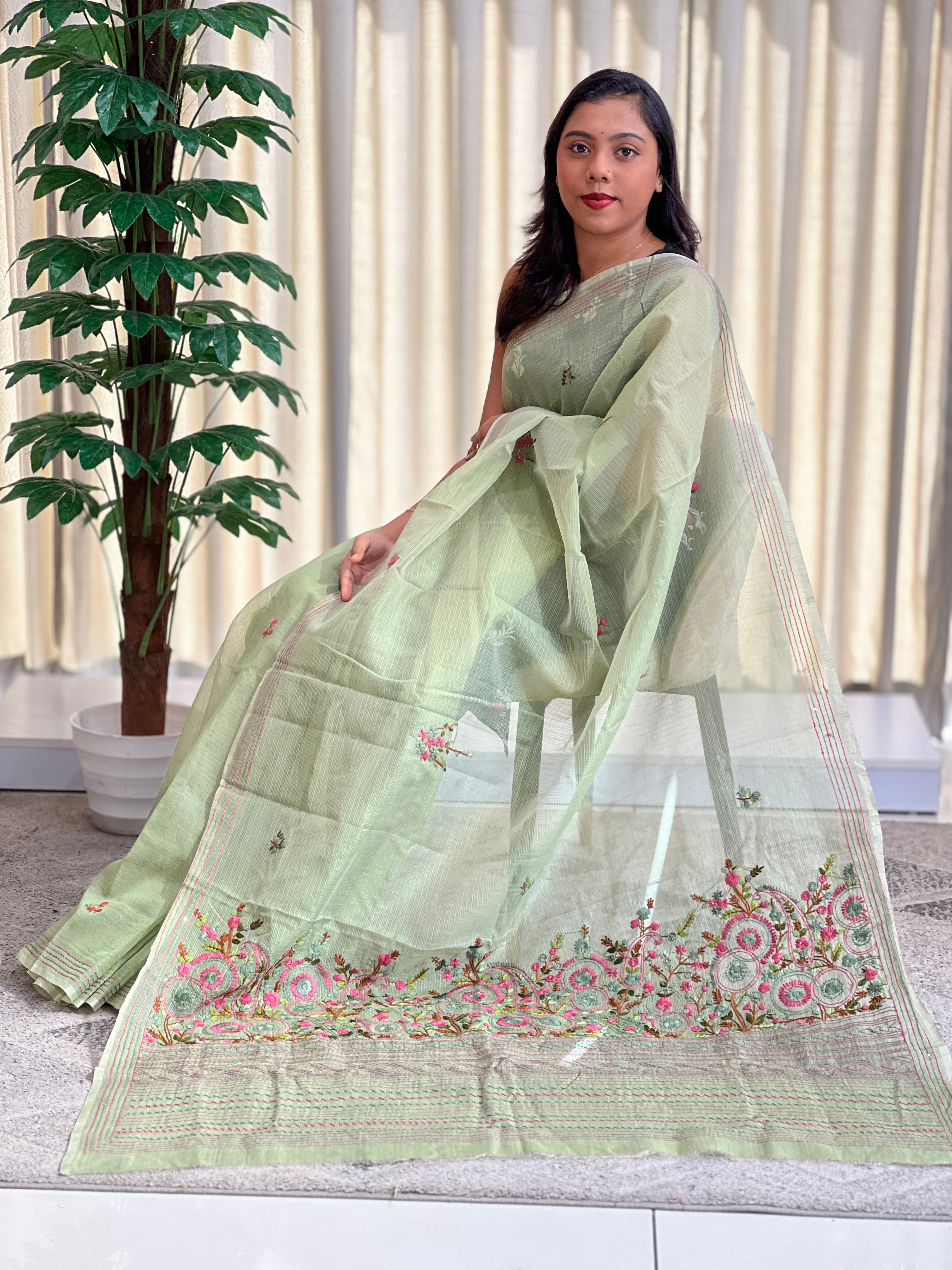 Hand Embroidered Muga Check Organza Saree | JSC747