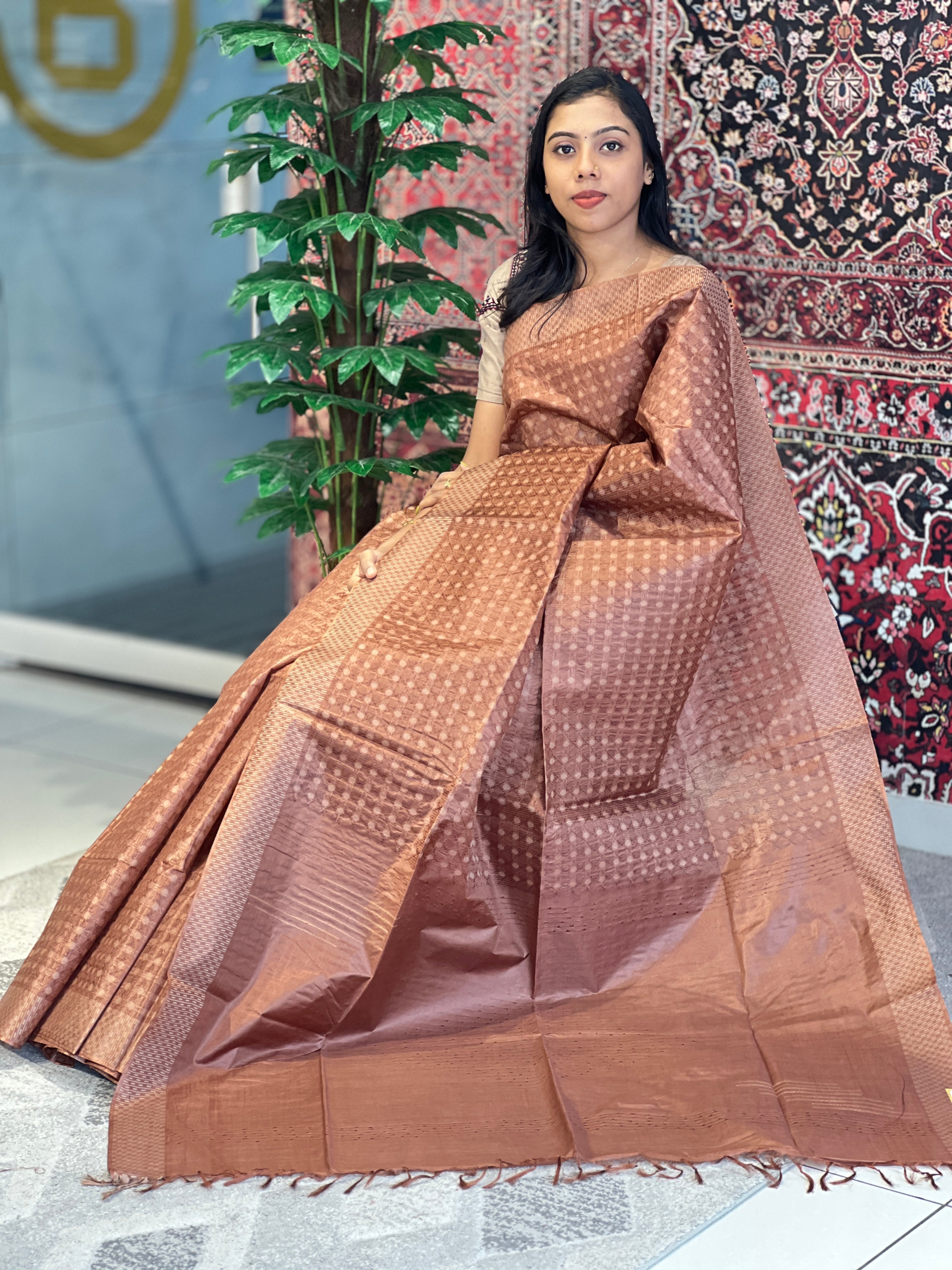 Geometric Pattern Thread Weaved Bamboo Tussar Saree | PNS176
