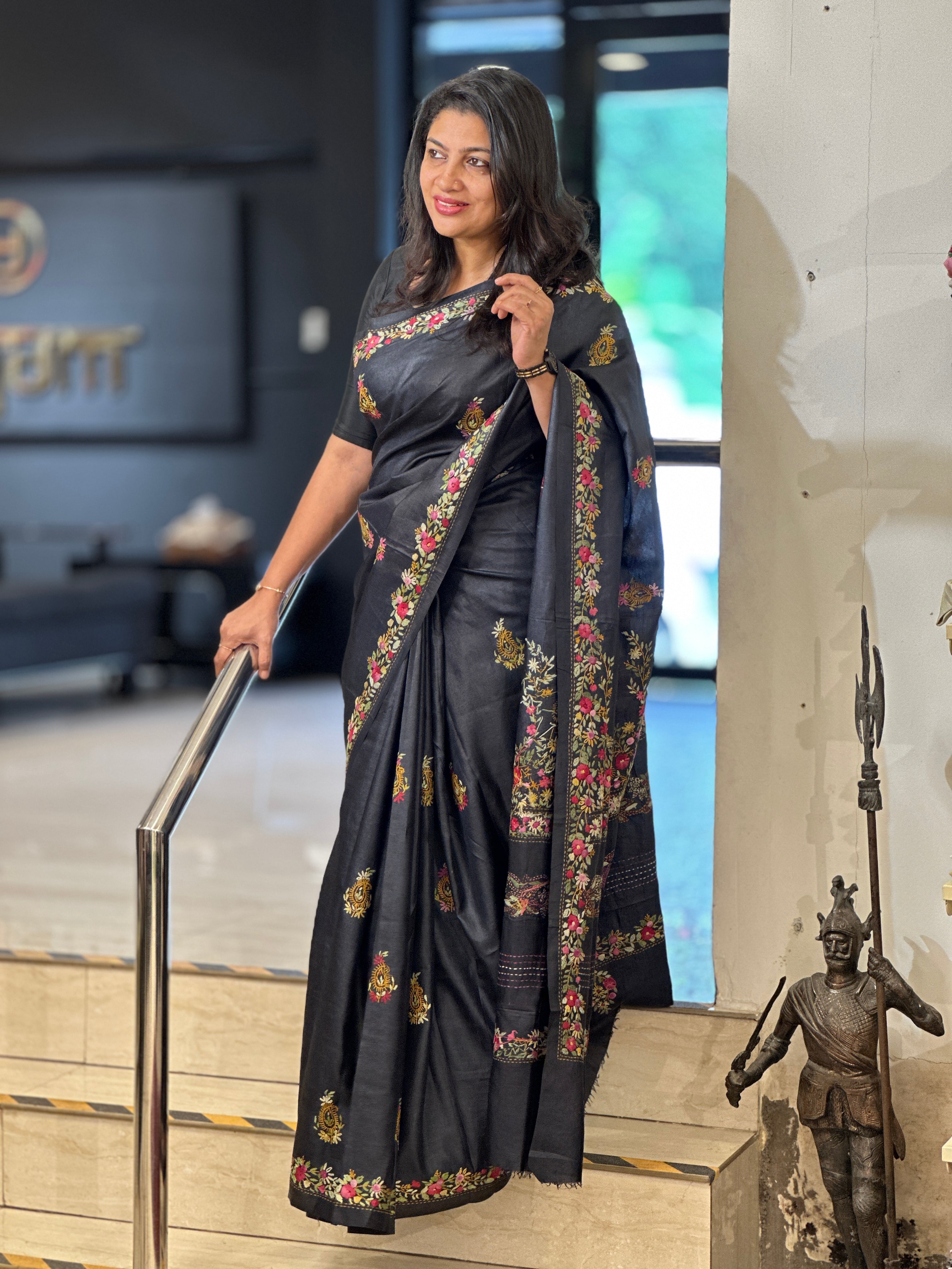 Traditional Floral Hand Embroidered Tussar Saree | AYD155