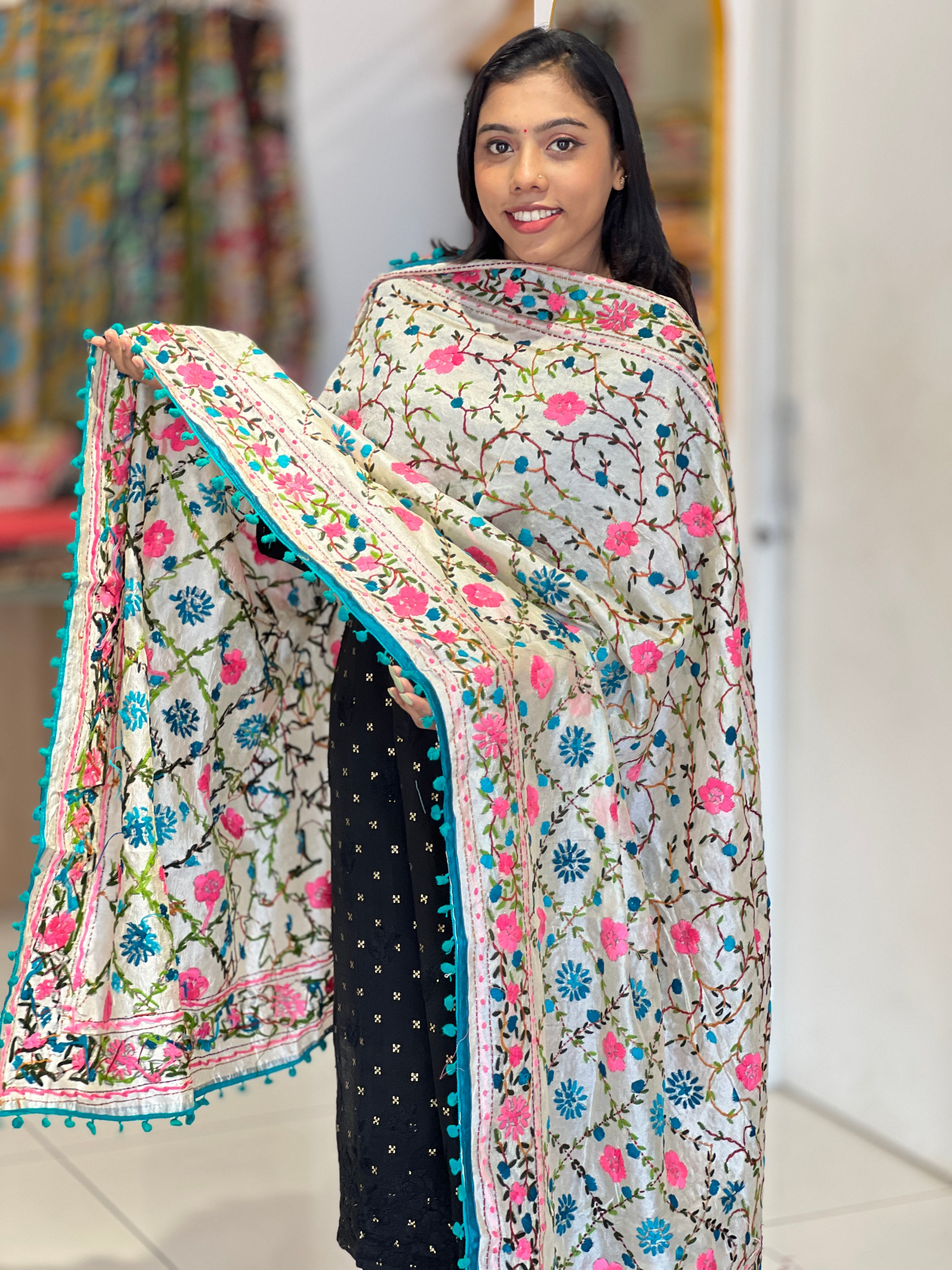 Traditional Thread Embroidery Detailed Chanderi Finish Dupatta | VET301