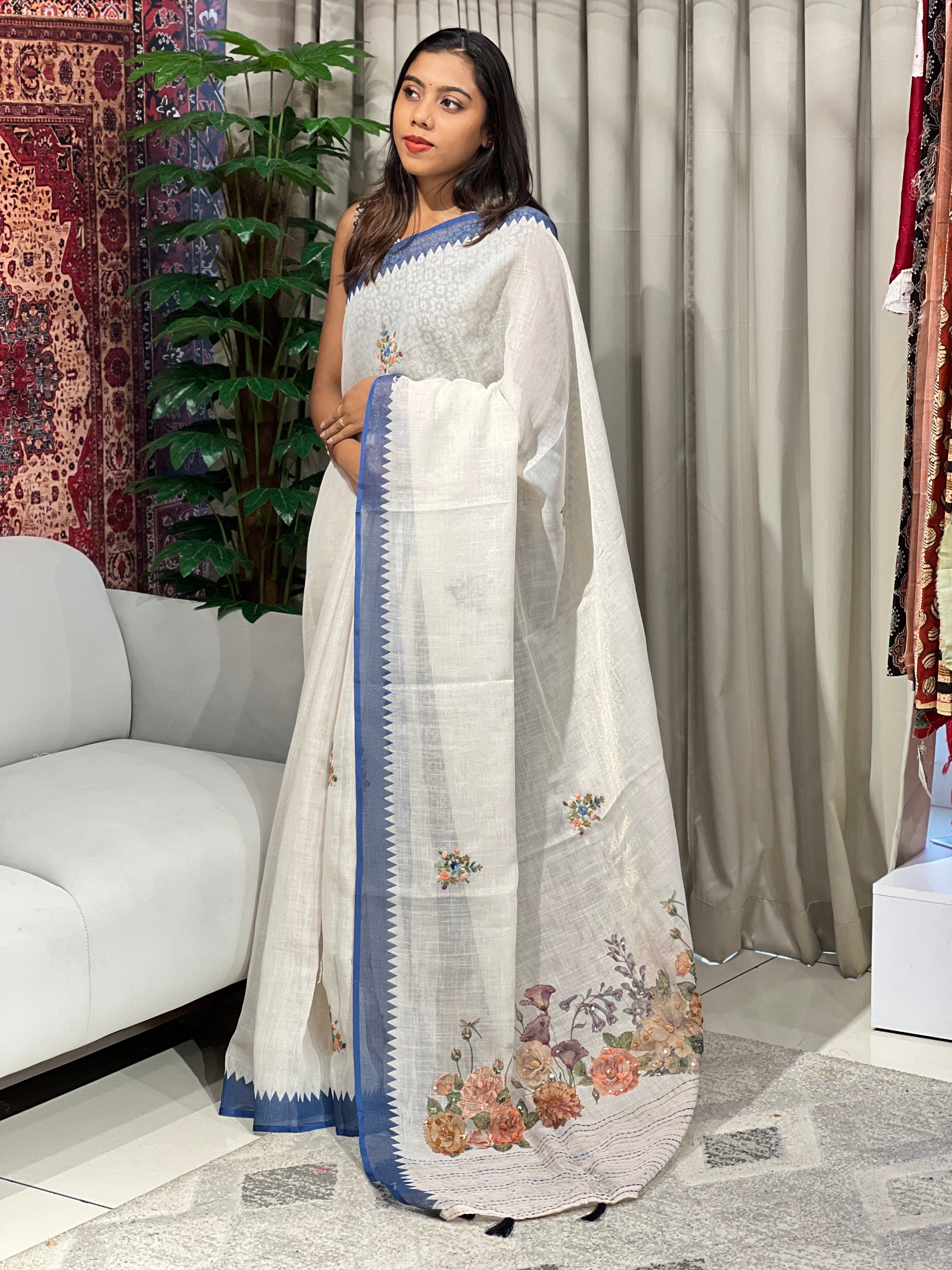 Print With Hand Embroidery Detailed Tissue Linen Saree | BLD1540