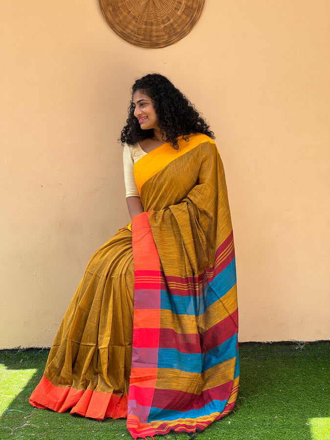 Mustard Yellow Mercerized Cotton Saree | RP424