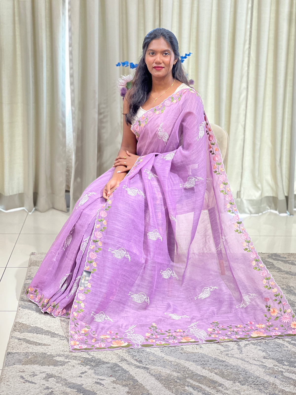 Floral Embroidered Bhagalpuri Linen Saree | RP895