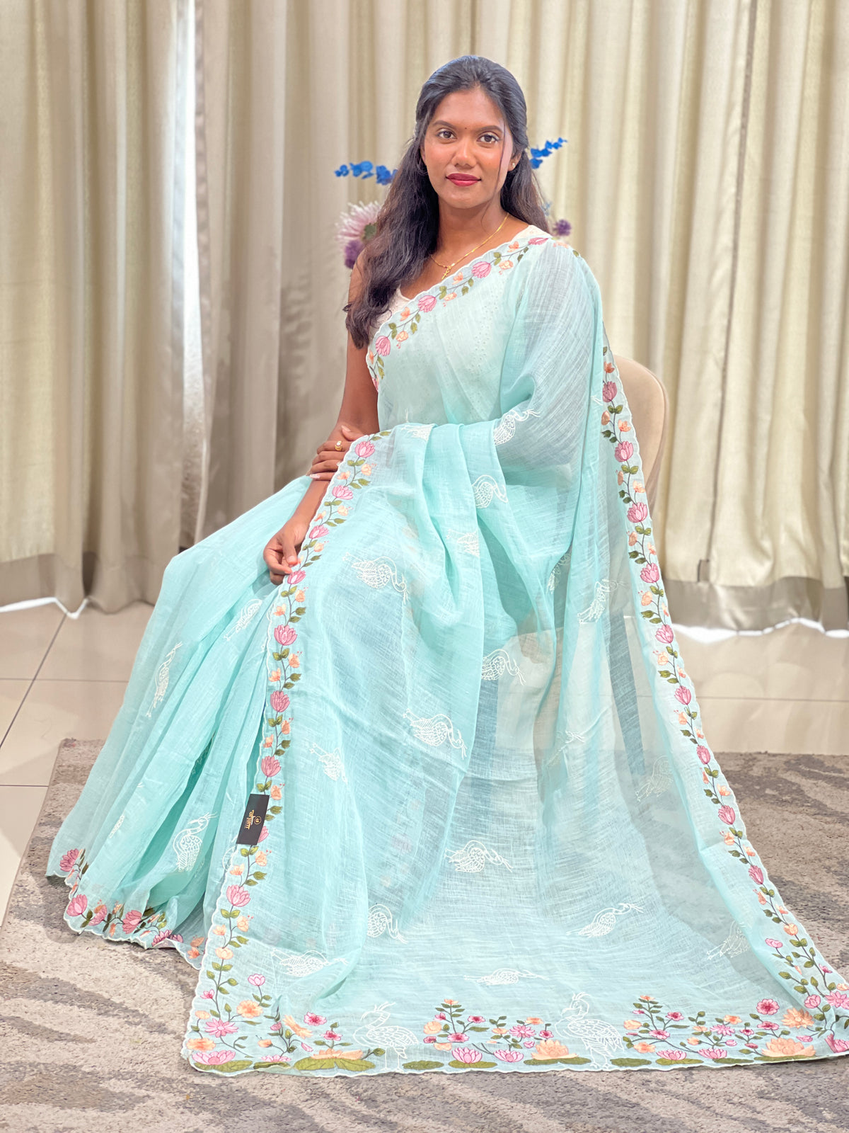 Floral Embroidered Bhagalpuri Linen Saree | RP891