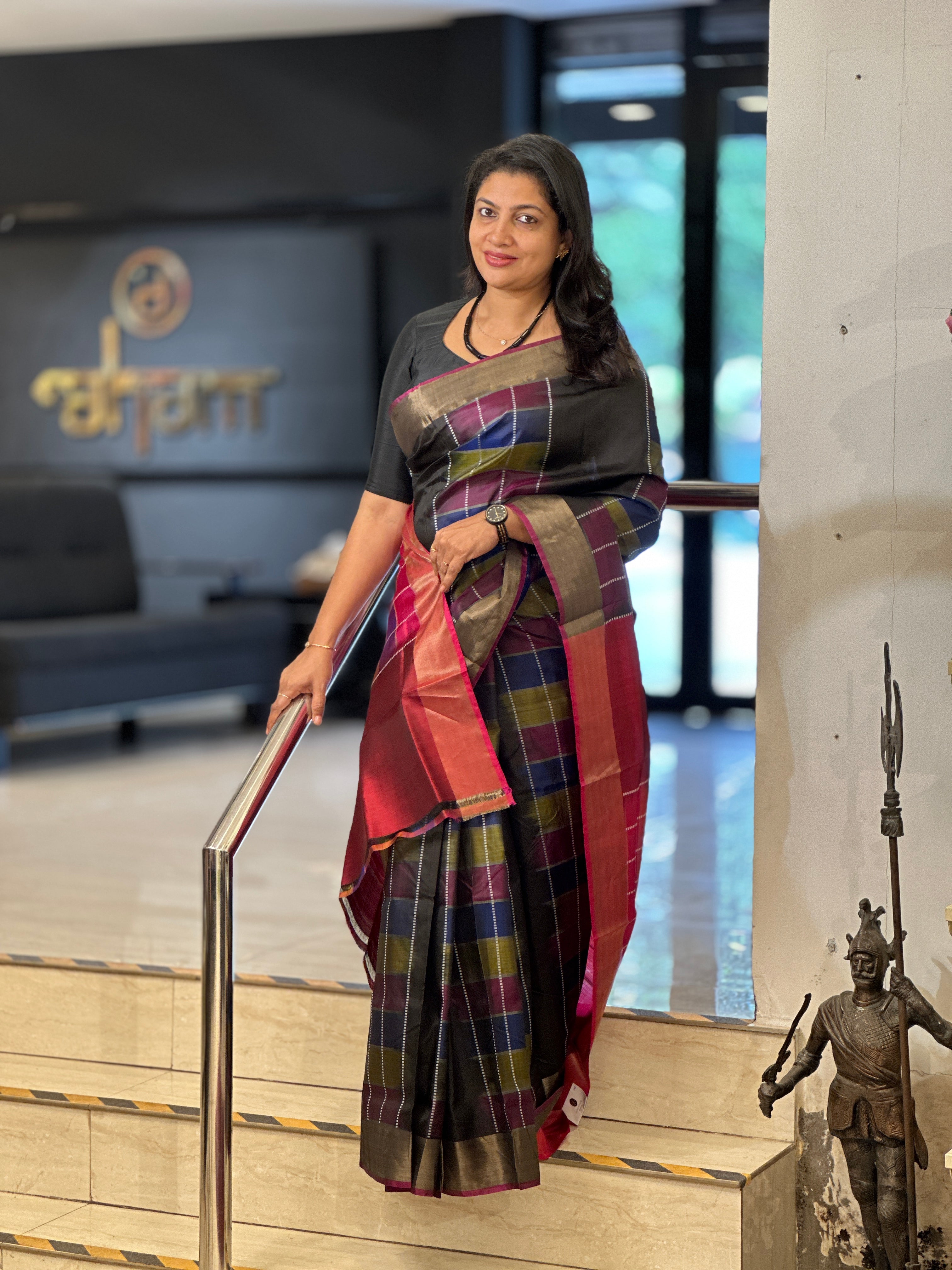 Multi-Color Check Woven Patterned Mulberry Silk Saree | AYD167
