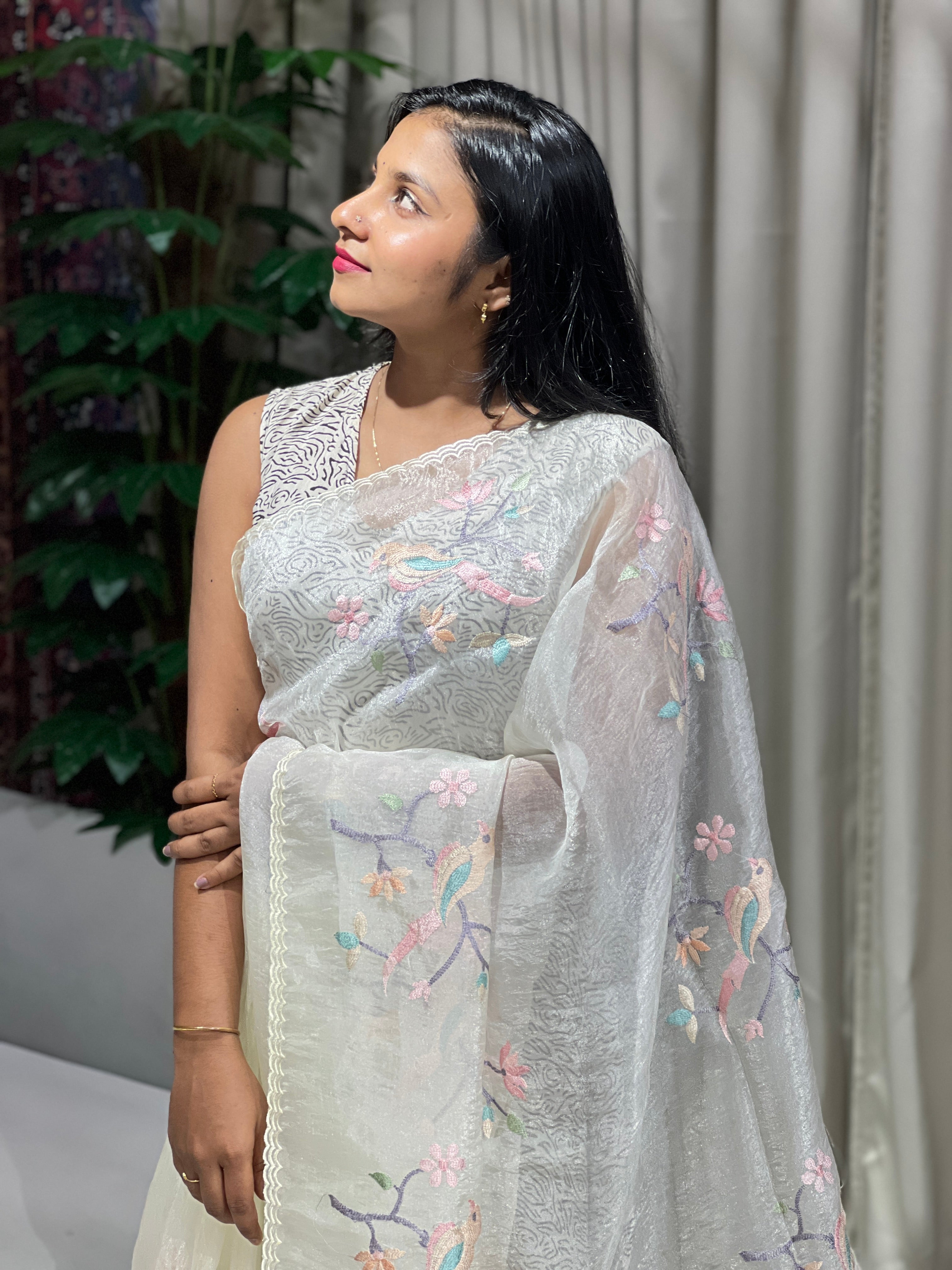 Machine Embroidery Detailed Shimmer Organza Saree | BLD1526