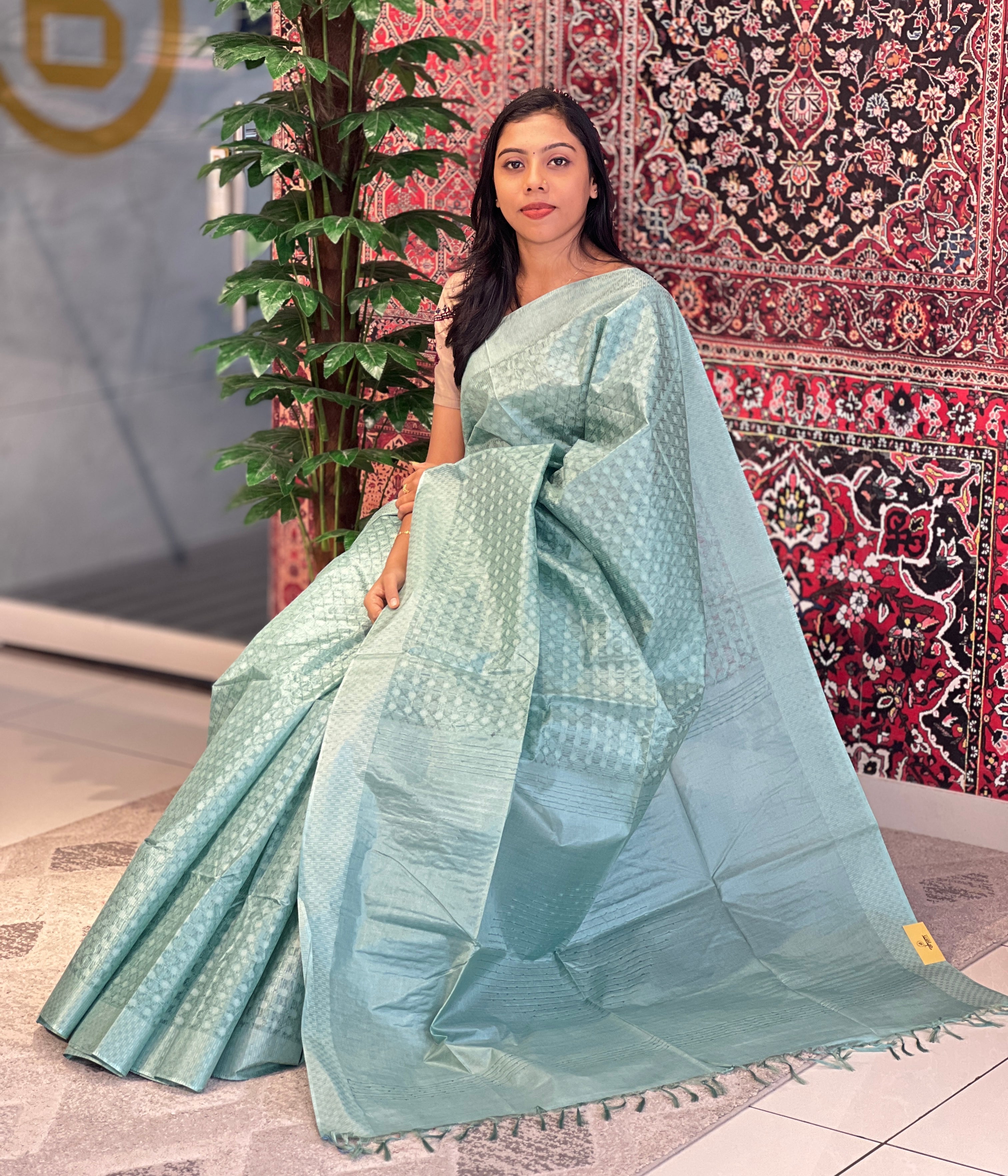 Geometric Pattern Thread Weaved Bamboo Tussar Saree | PNS171