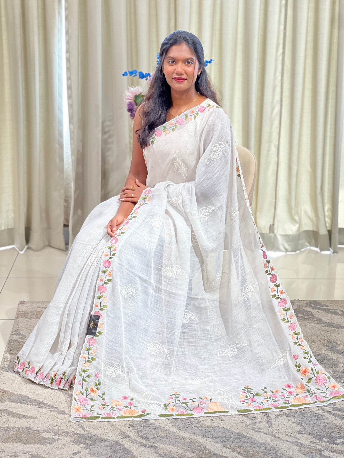 Floral Embroidered Bhagalpuri Linen Saree | RP893