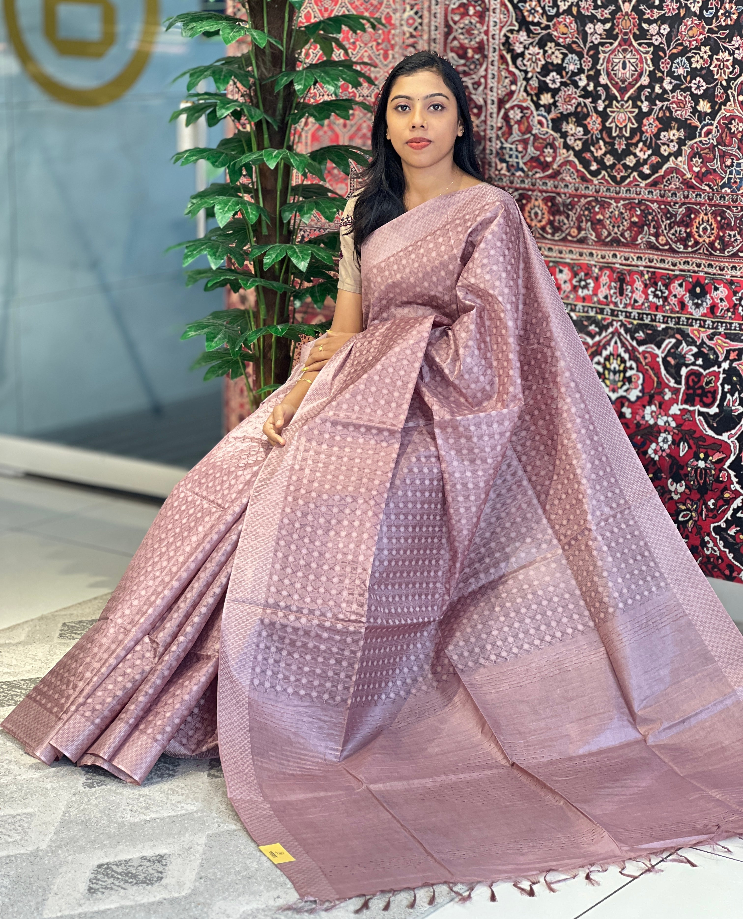 Geometric Pattern Thread Weaved Bamboo Tussar Saree | PNS168