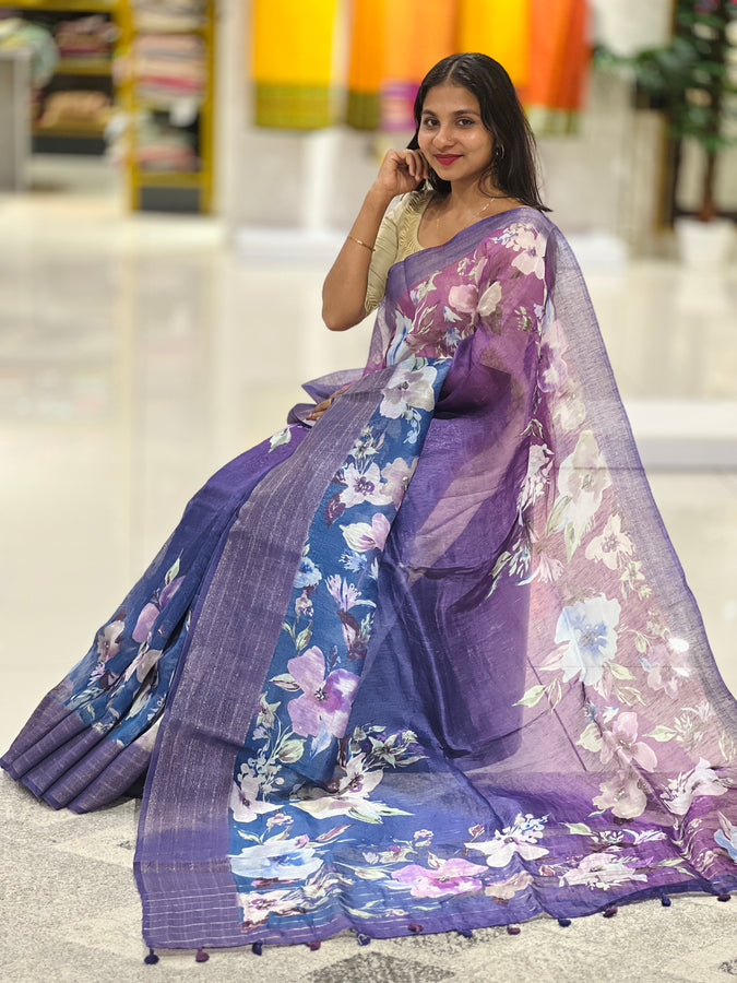 Floral Printed Silk Linen Saree | JRT128