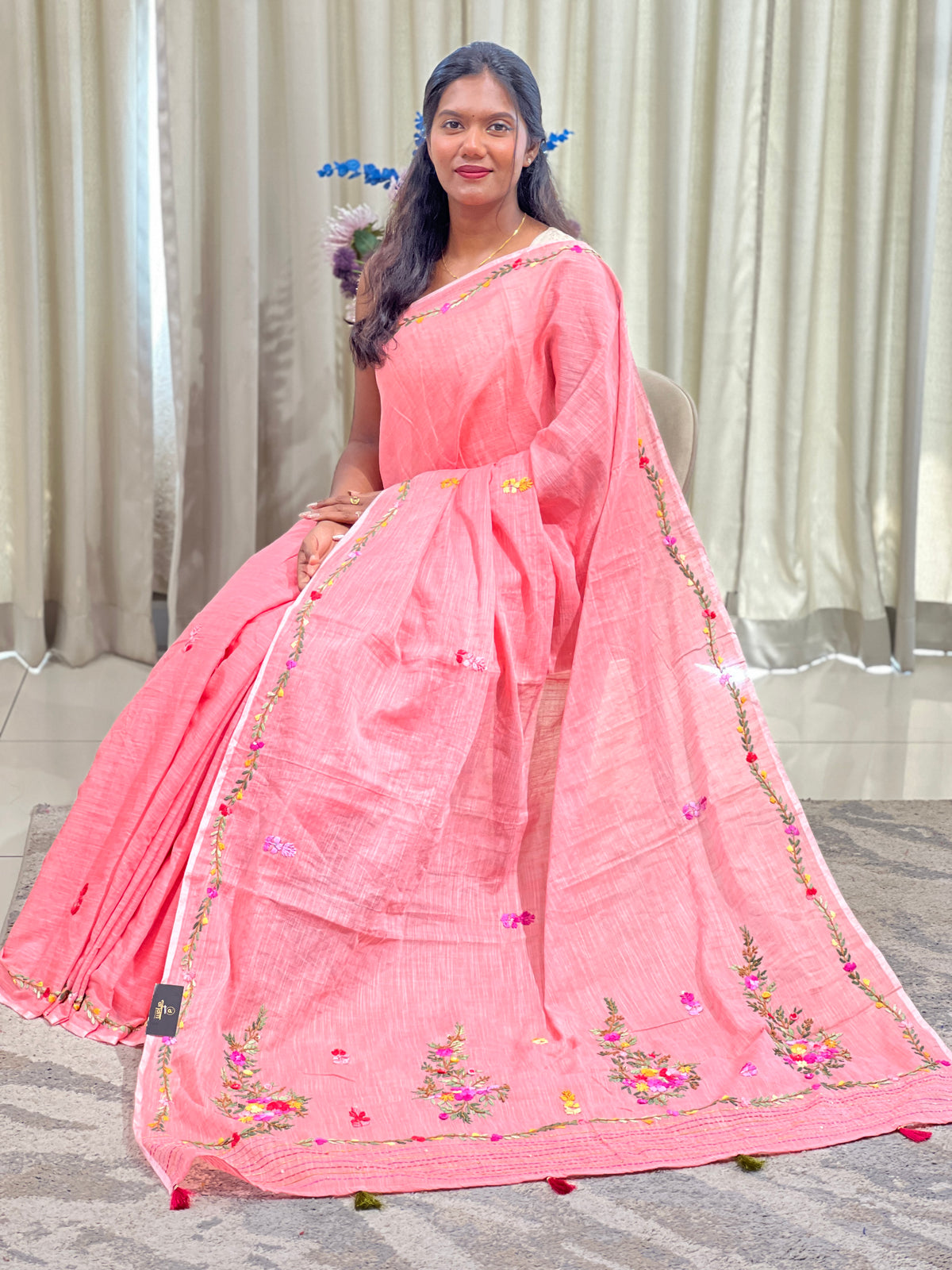 Floral Embroidered Bhagalpuri Linen Saree | RP887