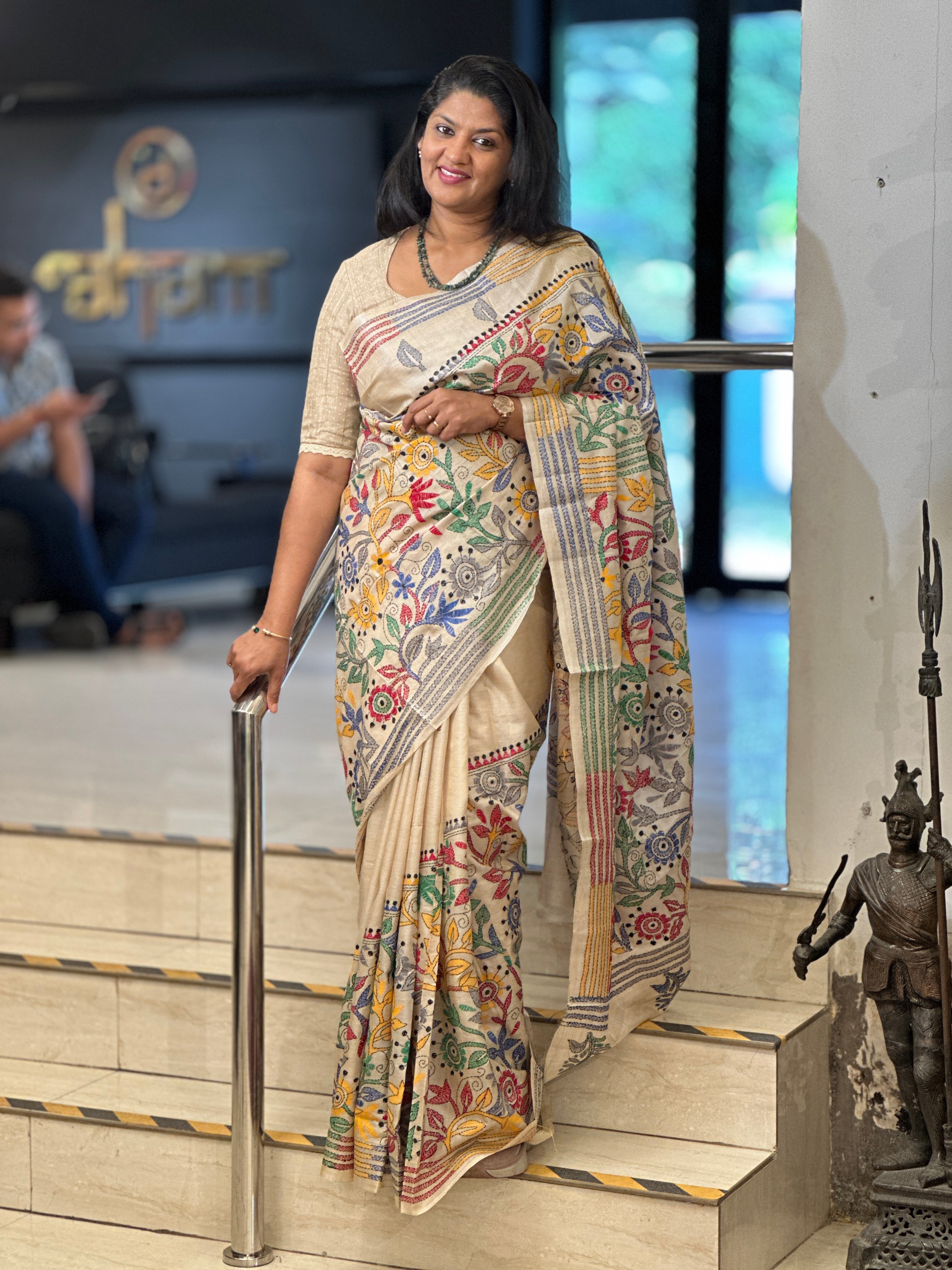 Multi-Color Hand Kantha Embroidered Tussar Silk Saree | AYD166