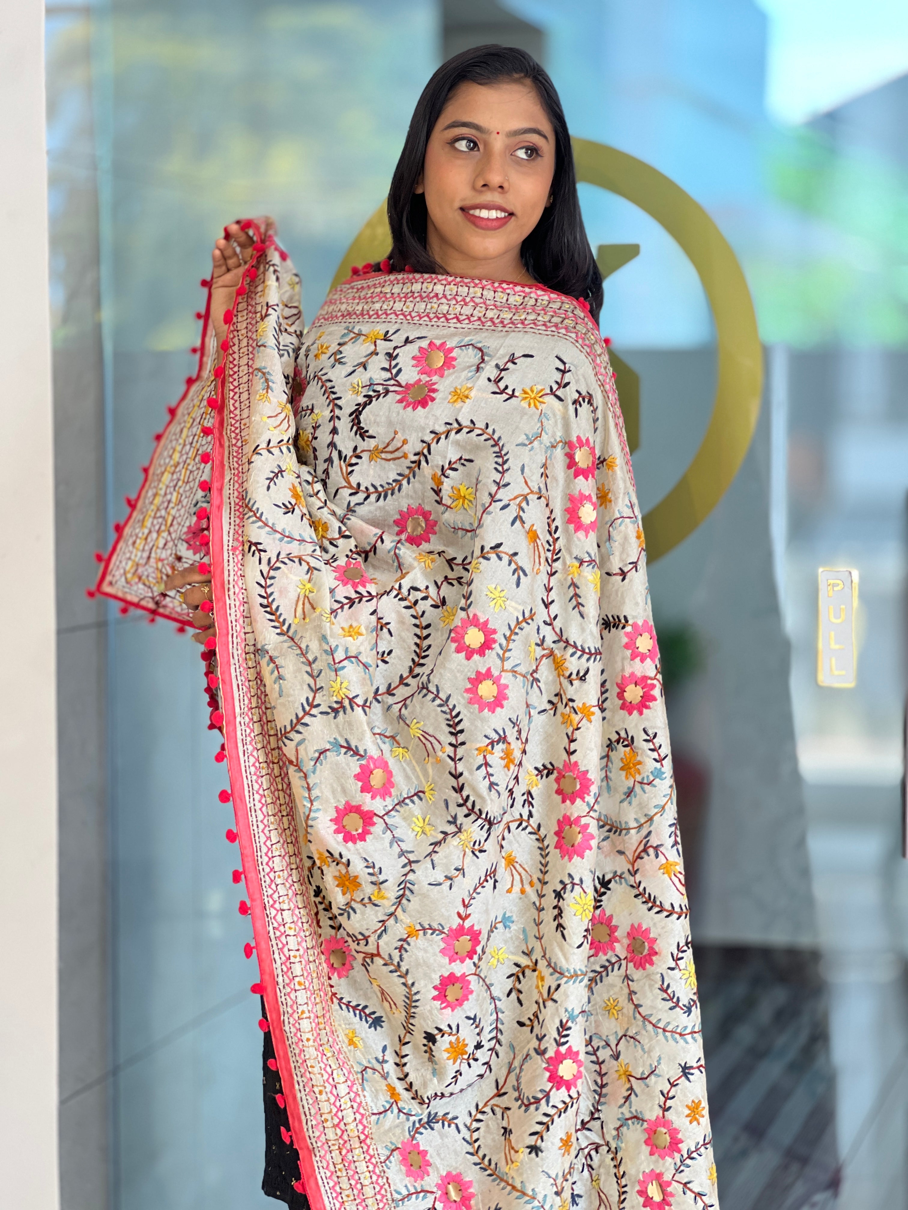 Traditional Thread Embroidery Detailed Chanderi Finish Dupatta | VET294