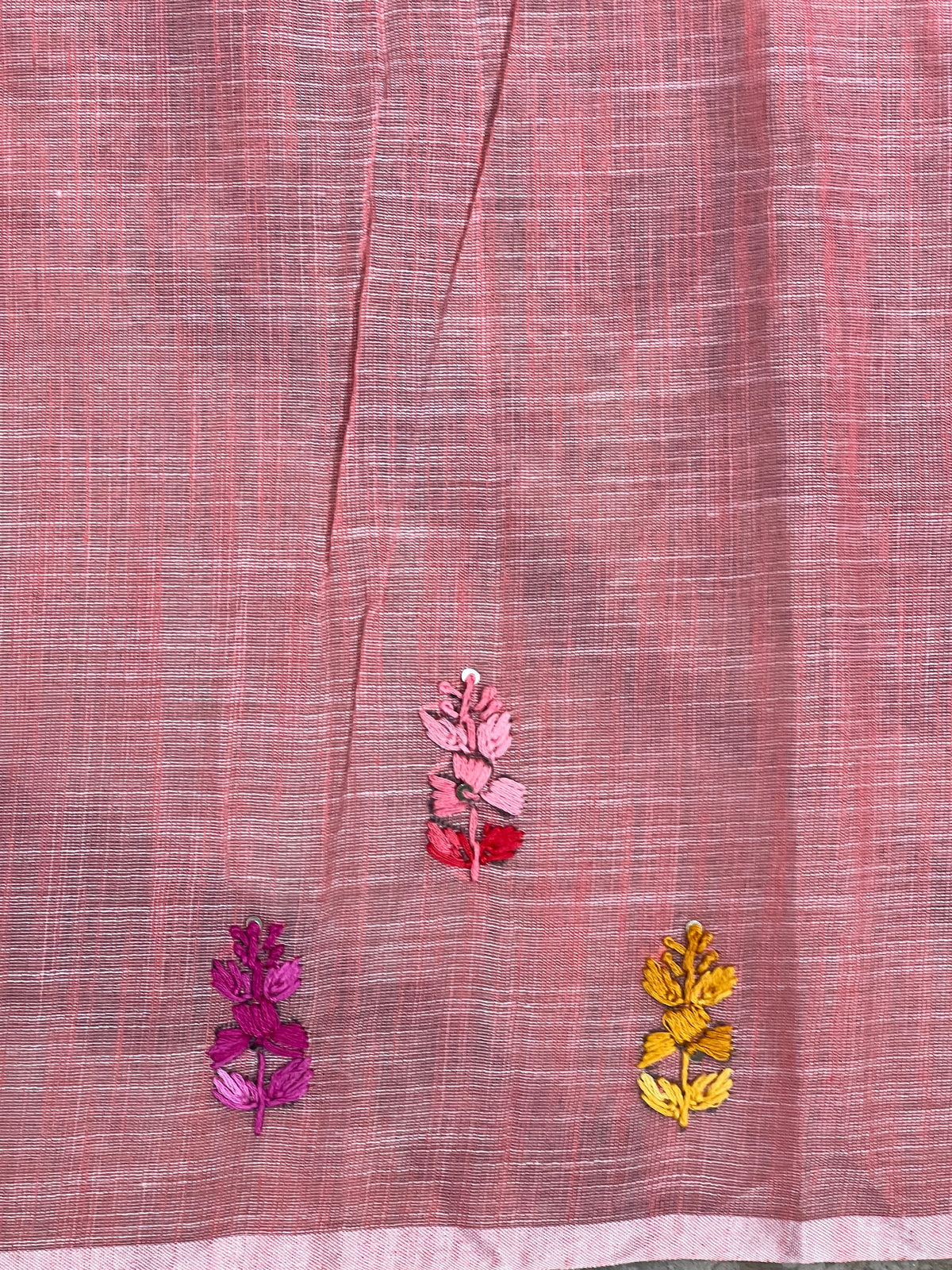 Floral Embroidered Bhagalpuri Linen Saree | RP887