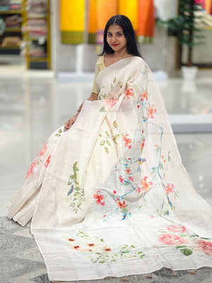 Floral Printed Silk Linen Saree | JRT129