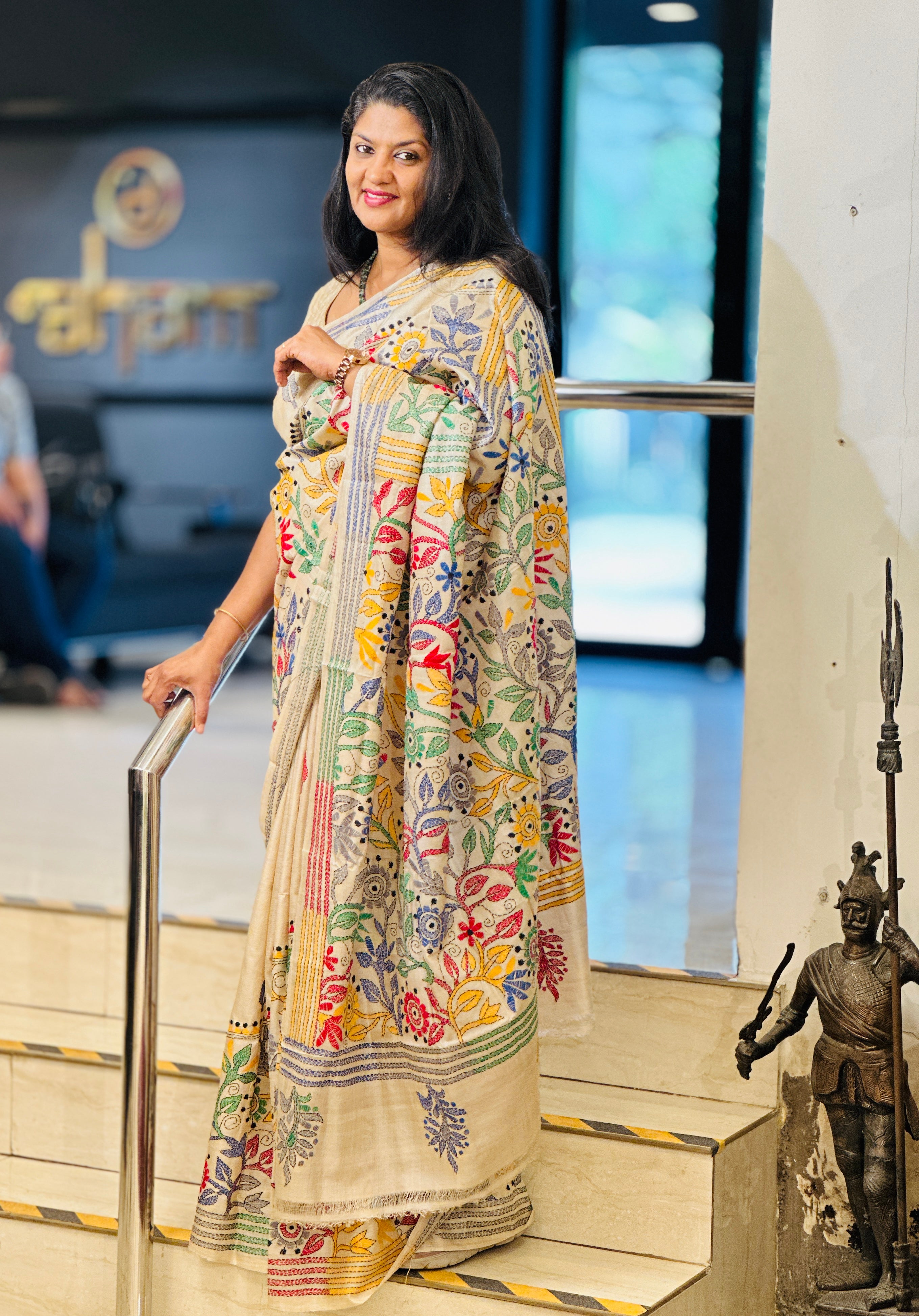 Multi-Color Hand Kantha Embroidered Tussar Silk Saree | AYD166