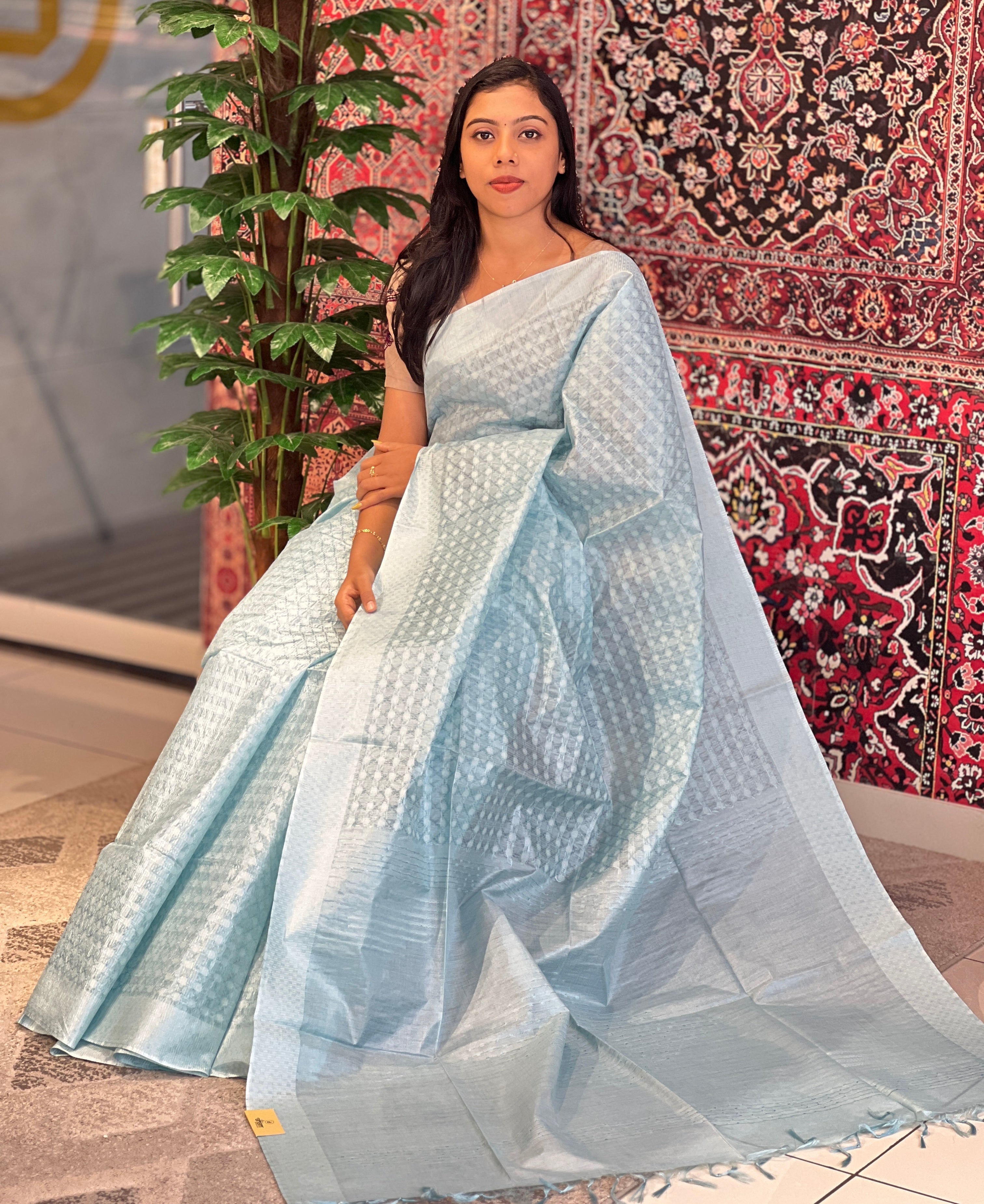 Geometric Pattern Thread Weaved Bamboo Tussar Saree | PNS169