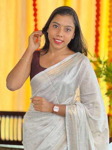 Zari Butta With Kesia Detailed Bhagalpuri Linen Saree | SK450