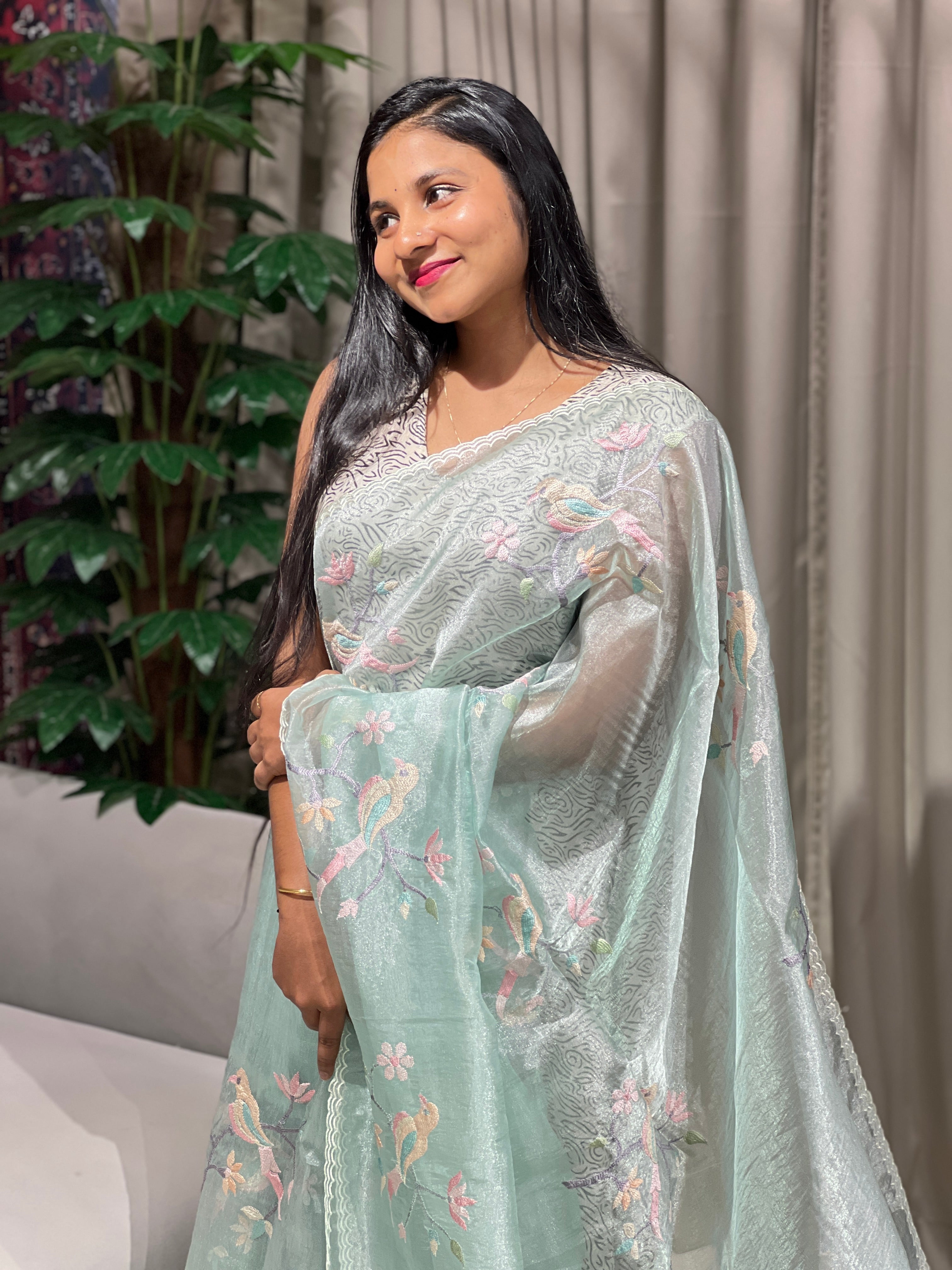 Machine Embroidery Detailed Shimmer Organza Saree | BLD1531