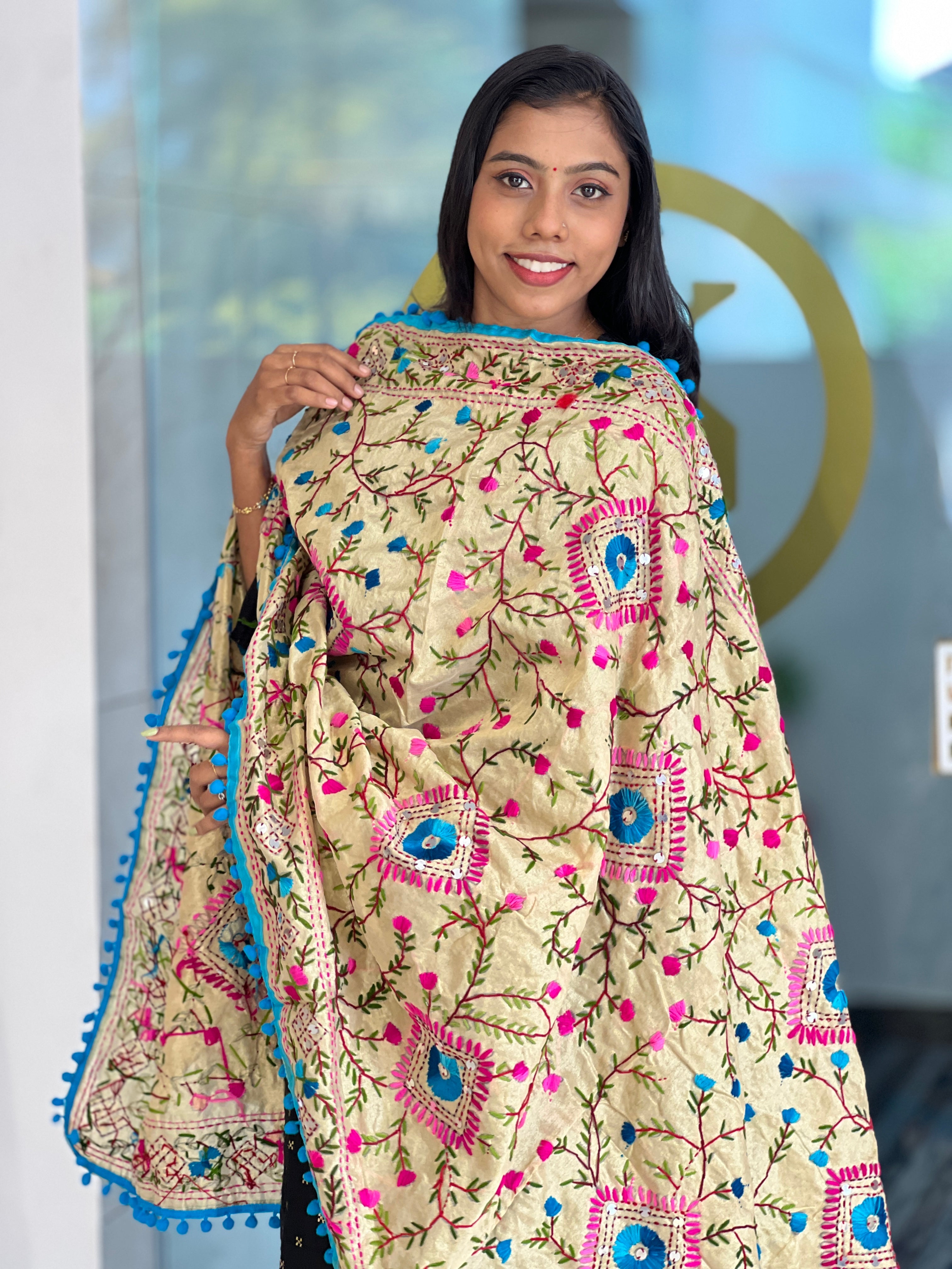 Traditional Thread Embroidery Detailed Chanderi Finish Dupatta | VET289