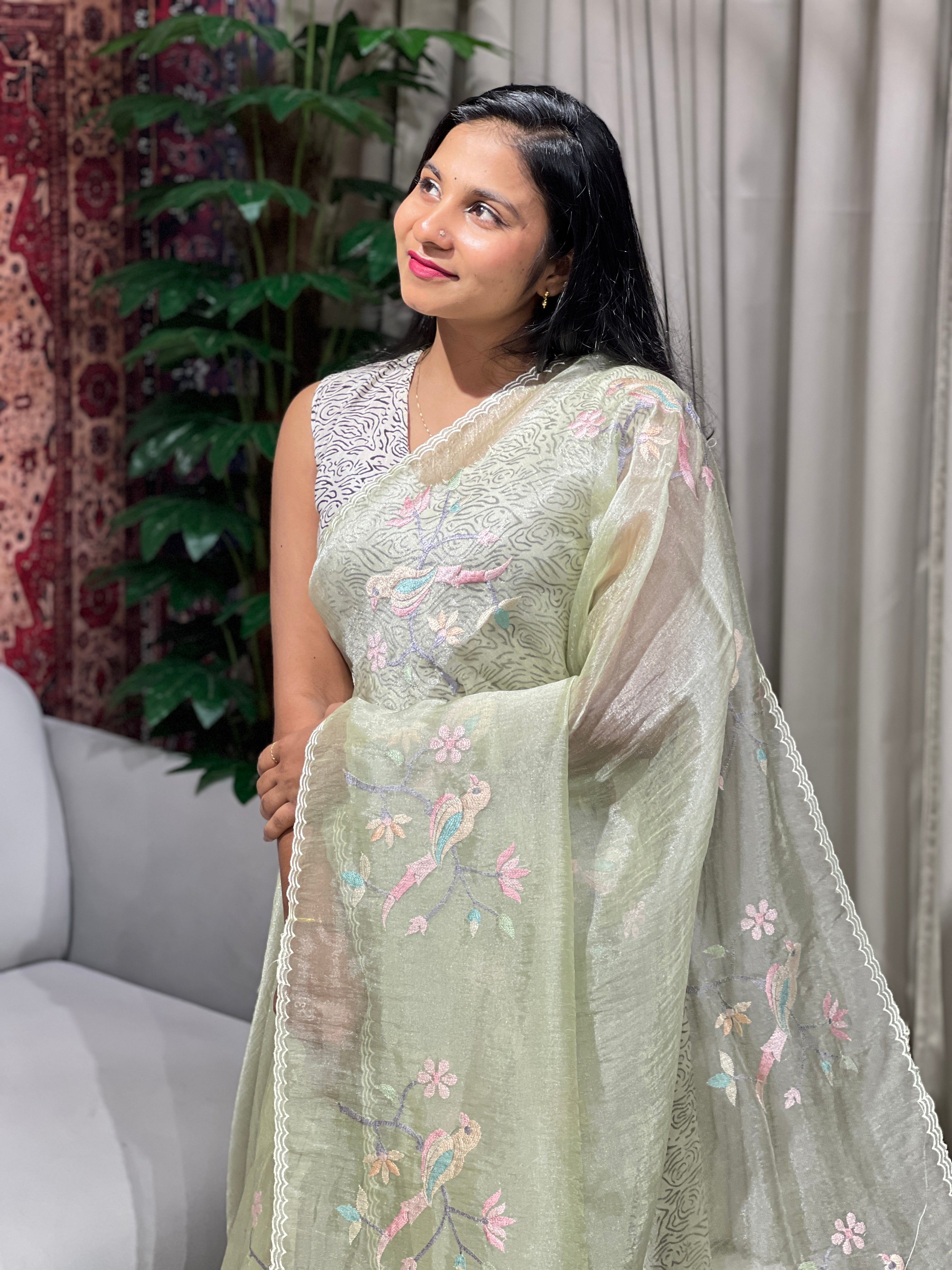 Machine Embroidery Detailed Shimmer Organza Saree | BLD1525