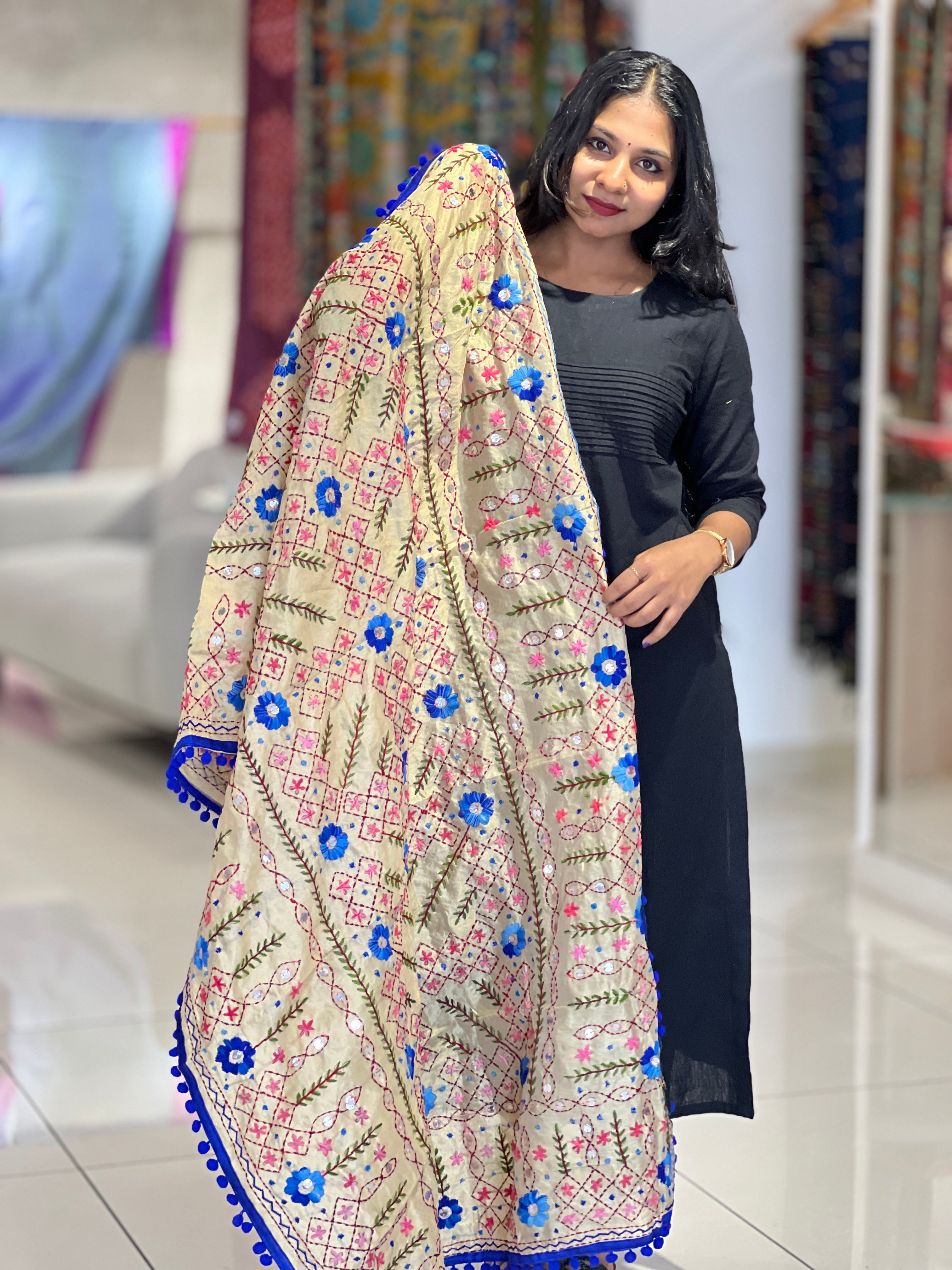 Traditional Thread Embroidery Detailed Chanderi Finish Dupatta | VET262
