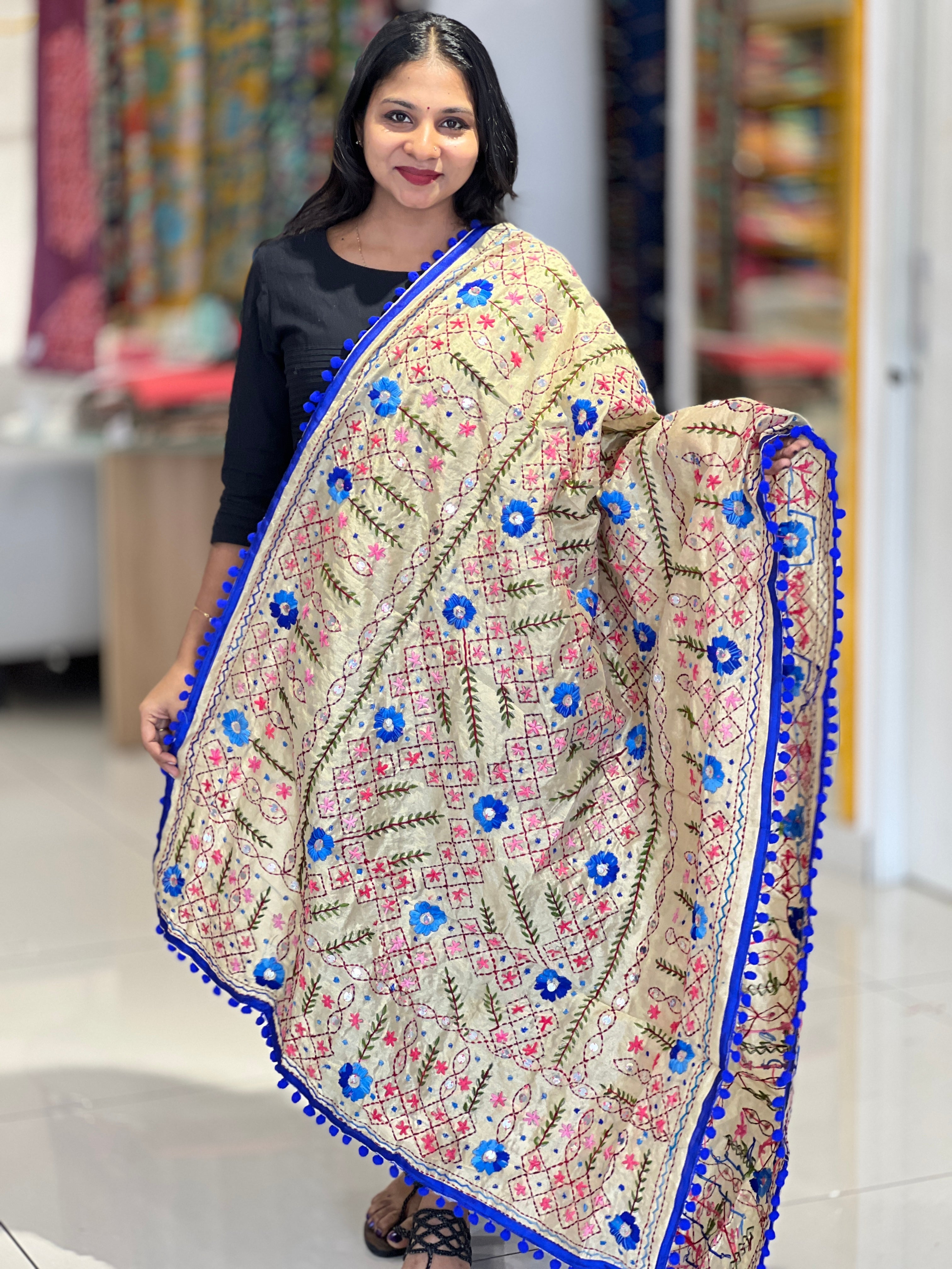 Traditional Thread Embroidery Detailed Chanderi Finish Dupatta | VET262