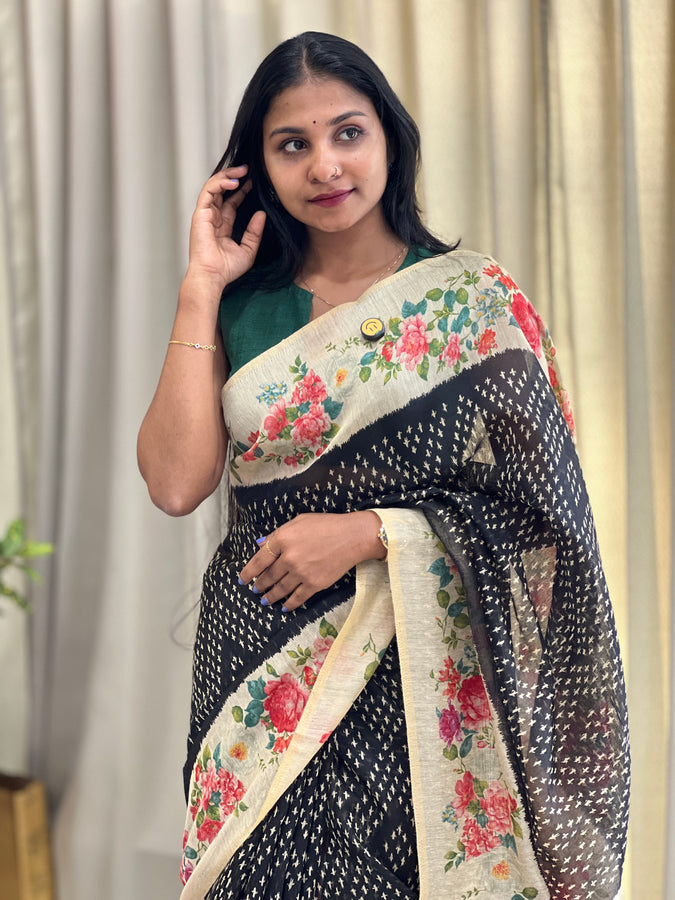 Floral Printed Border Detailed Linen Finish Saree | SSN101