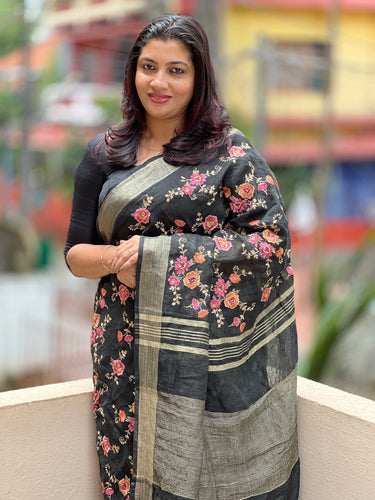Pink Computerized Floral Embroidery Linen Saree | JCL826