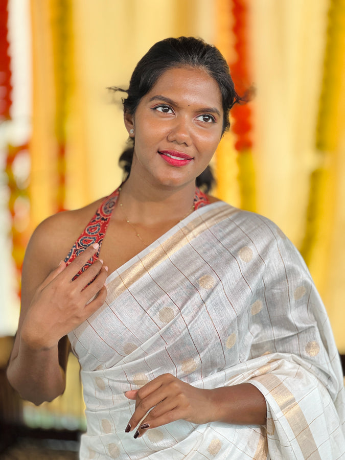 Zari Stripe With Polka Dot Weaved Bhagalpuri Linen Saree | SK456