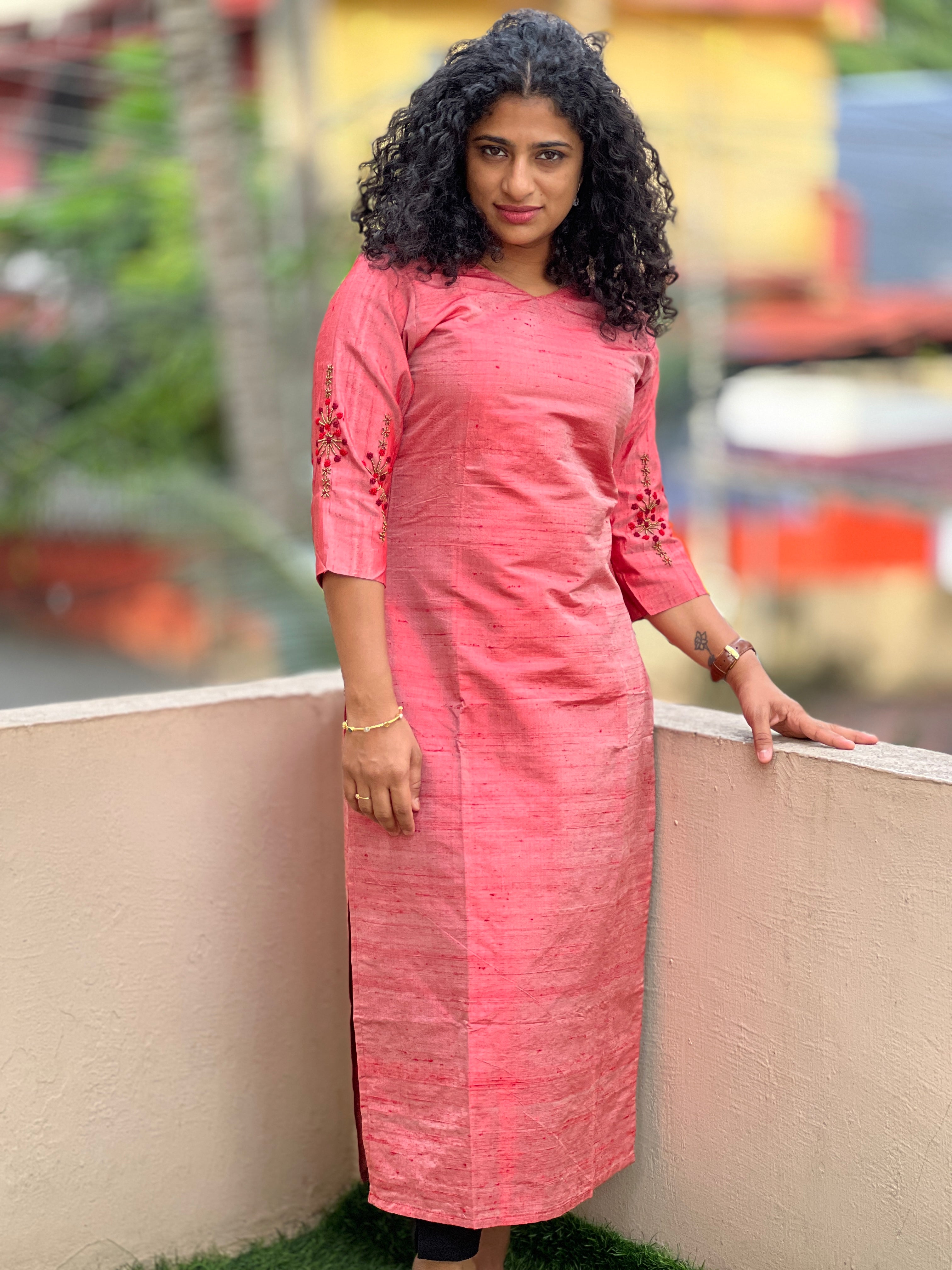 Hand Work Floral Embroidery Design Raw Silk Kurta | DN519
