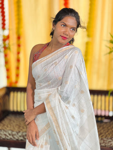Zari Stripe With Polka Dot Weaved Bhagalpuri Linen Saree | SK456