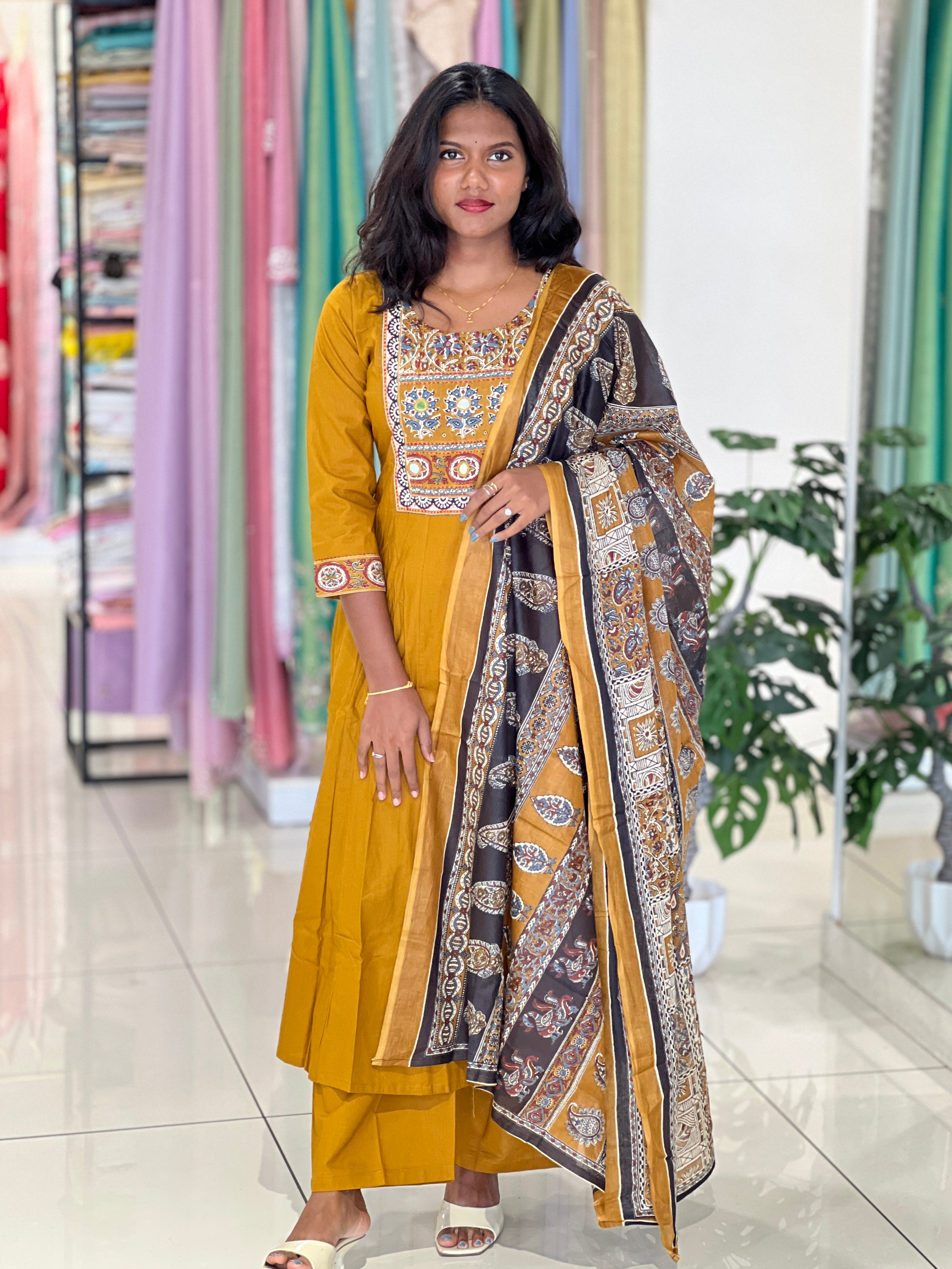 Floral Printed Kantha & Work Detailed Cotton Kurta Set |OMF137