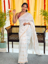 Zari Stripe With Polka Dot Weaved Bhagalpuri Linen Saree | SK456