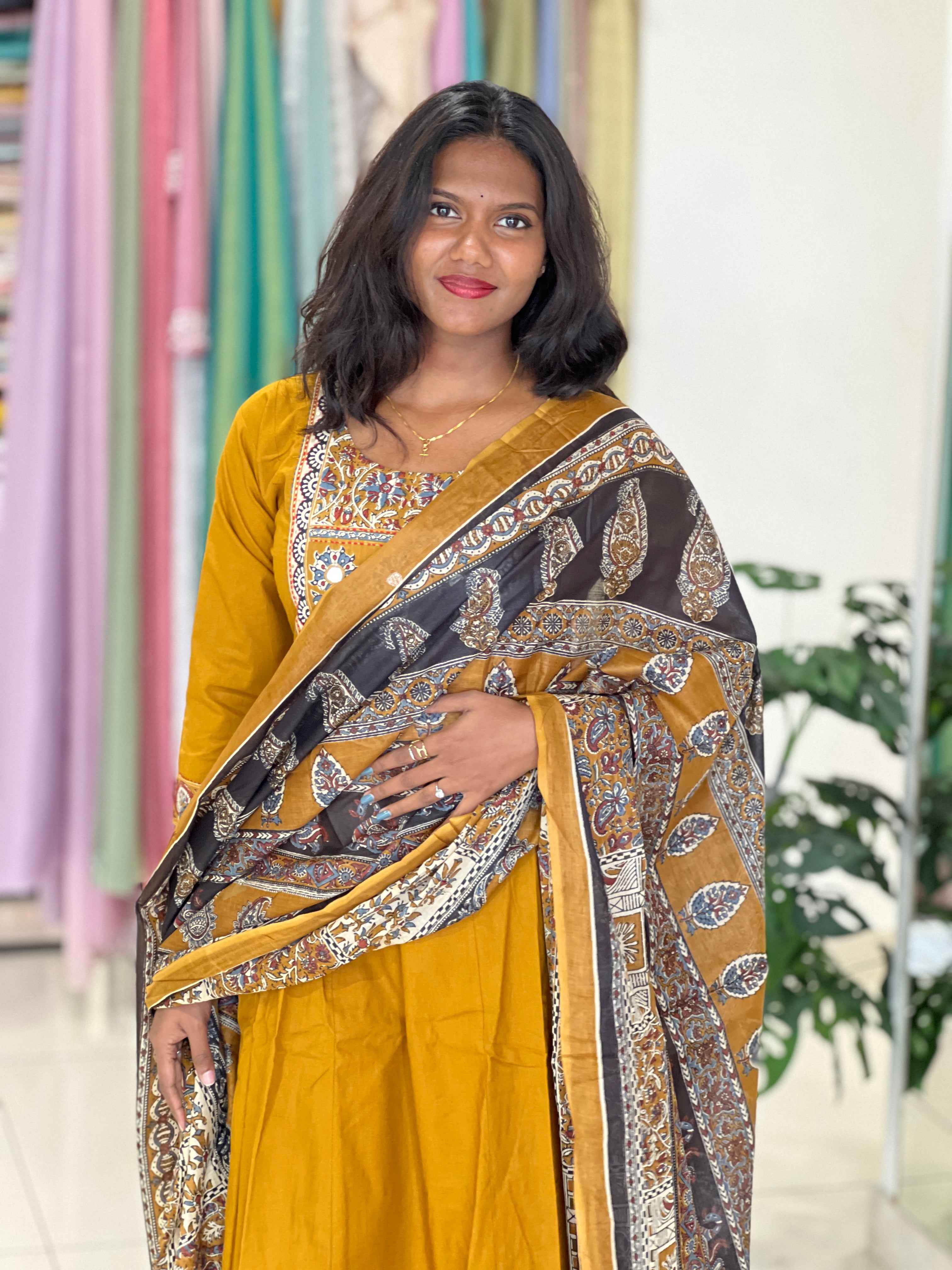 Floral Printed Kantha & Work Detailed Cotton Kurta Set |OMF137