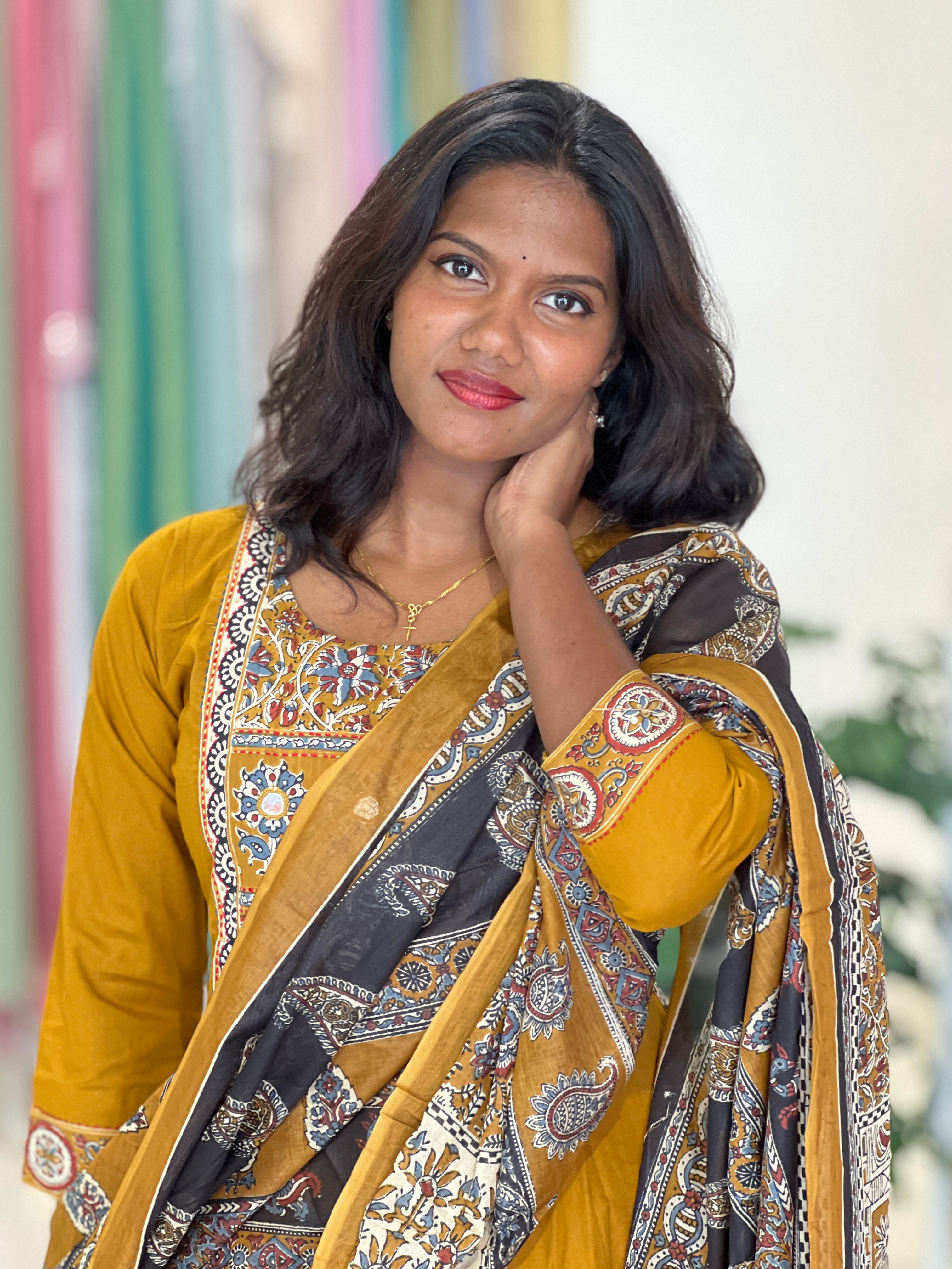 Floral Printed Kantha & Work Detailed Cotton Kurta Set |OMF137