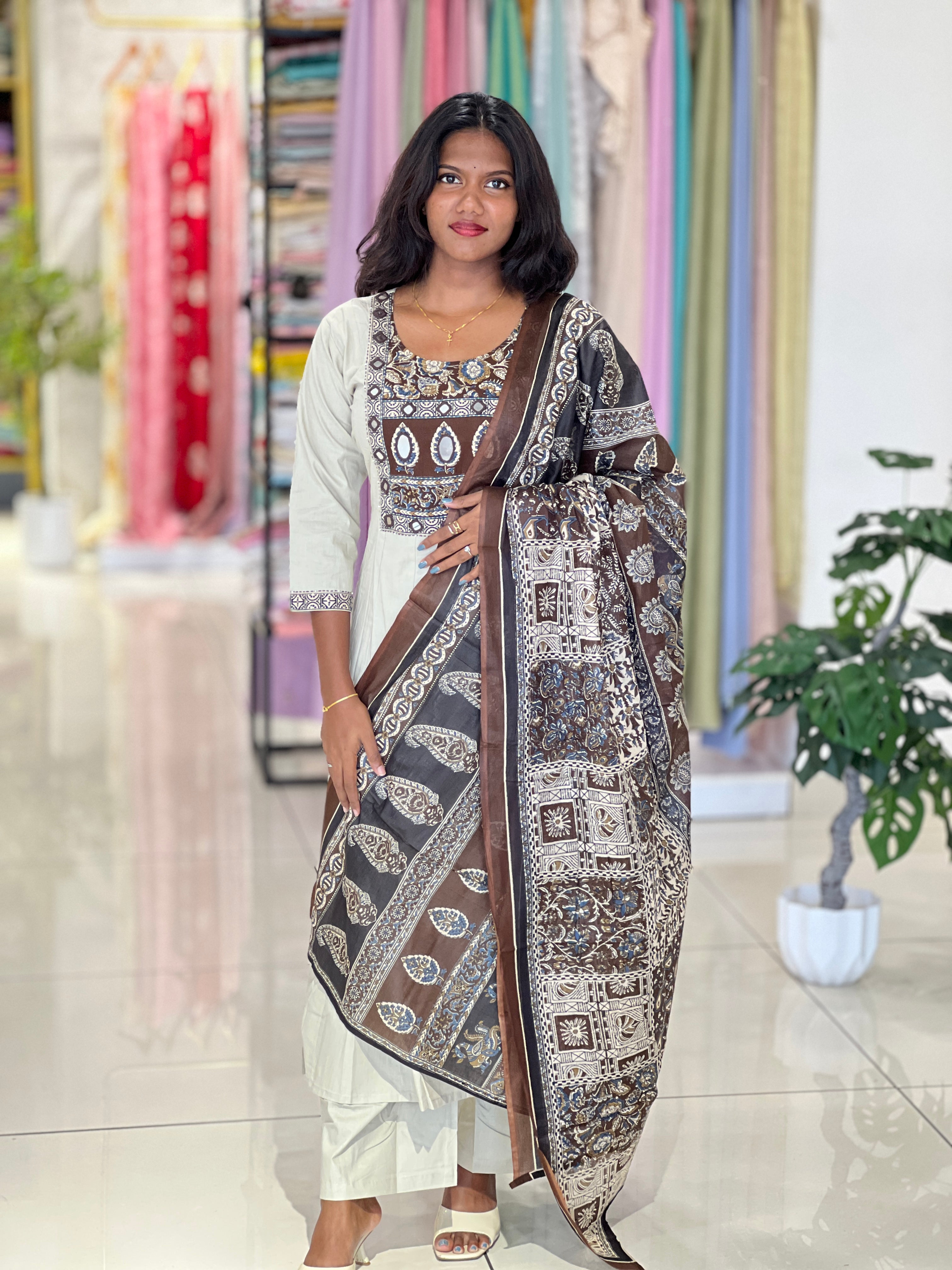 Ajrakh Printed Kantha & Work Detailed Cotton Kurta Set |OMF136