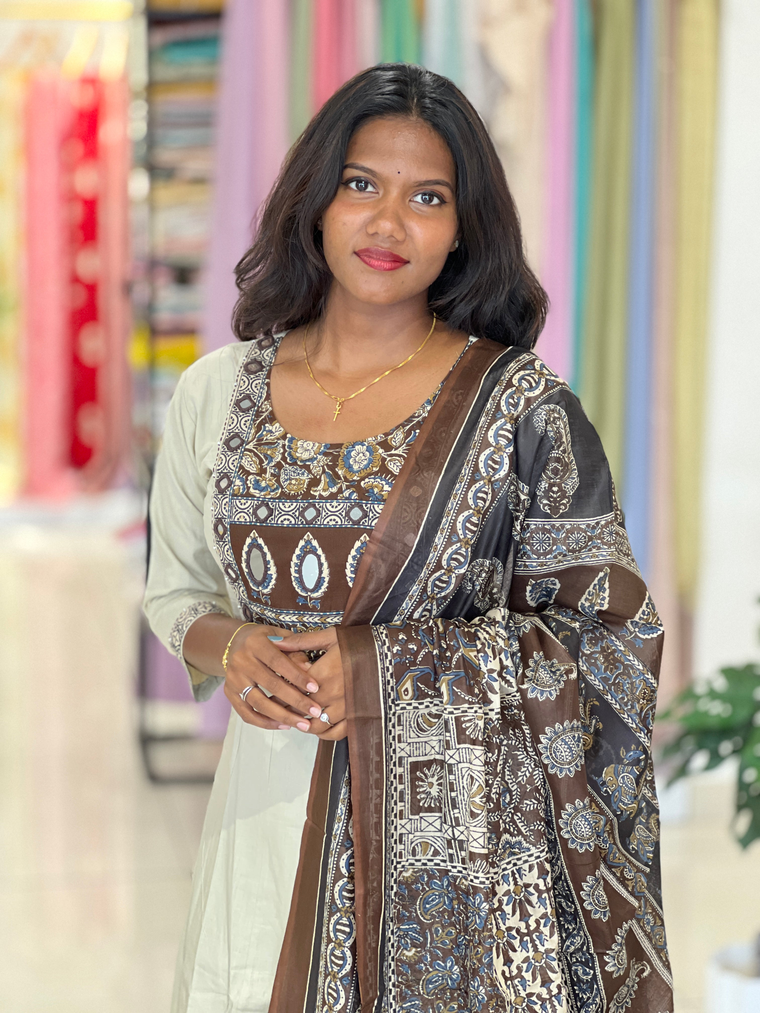 Ajrakh Printed Kantha & Work Detailed Cotton Kurta Set |OMF136