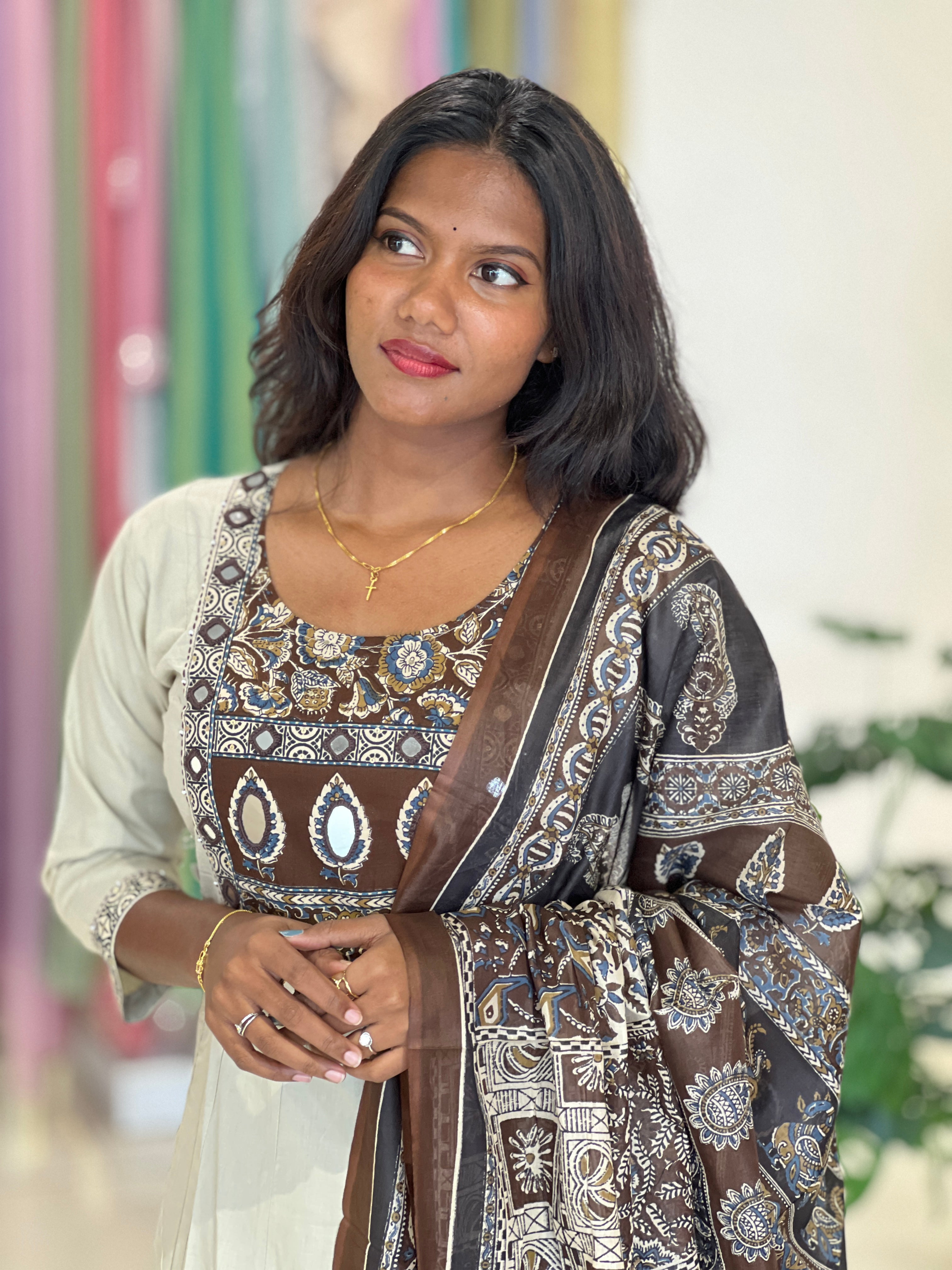 Ajrakh Printed Kantha & Work Detailed Cotton Kurta Set |OMF136